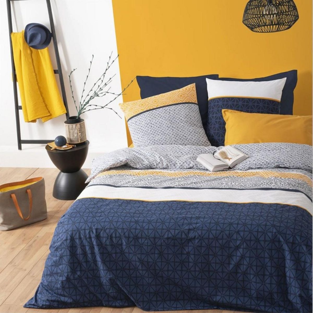ATMOSPHERA Housse de couette 220x240 Rayures ethniques bleu + 2 taies 100% coton 57 fils