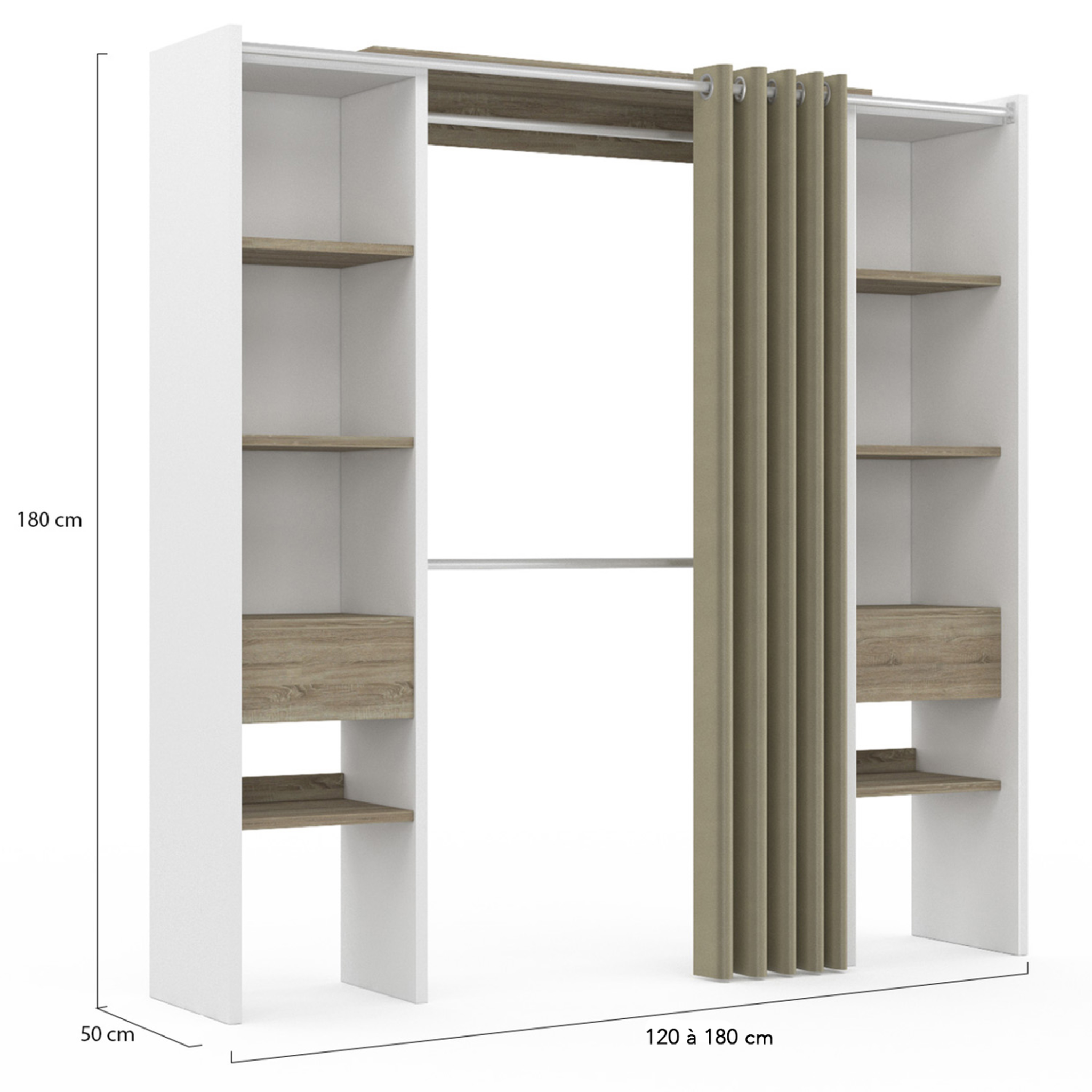 Voir la diapositive 4 : ID MARKET Dressing extensible double meryl 120/180 x 50 x 180 cm blanc avec étagères hêtre + double penderie + rideau taupe
