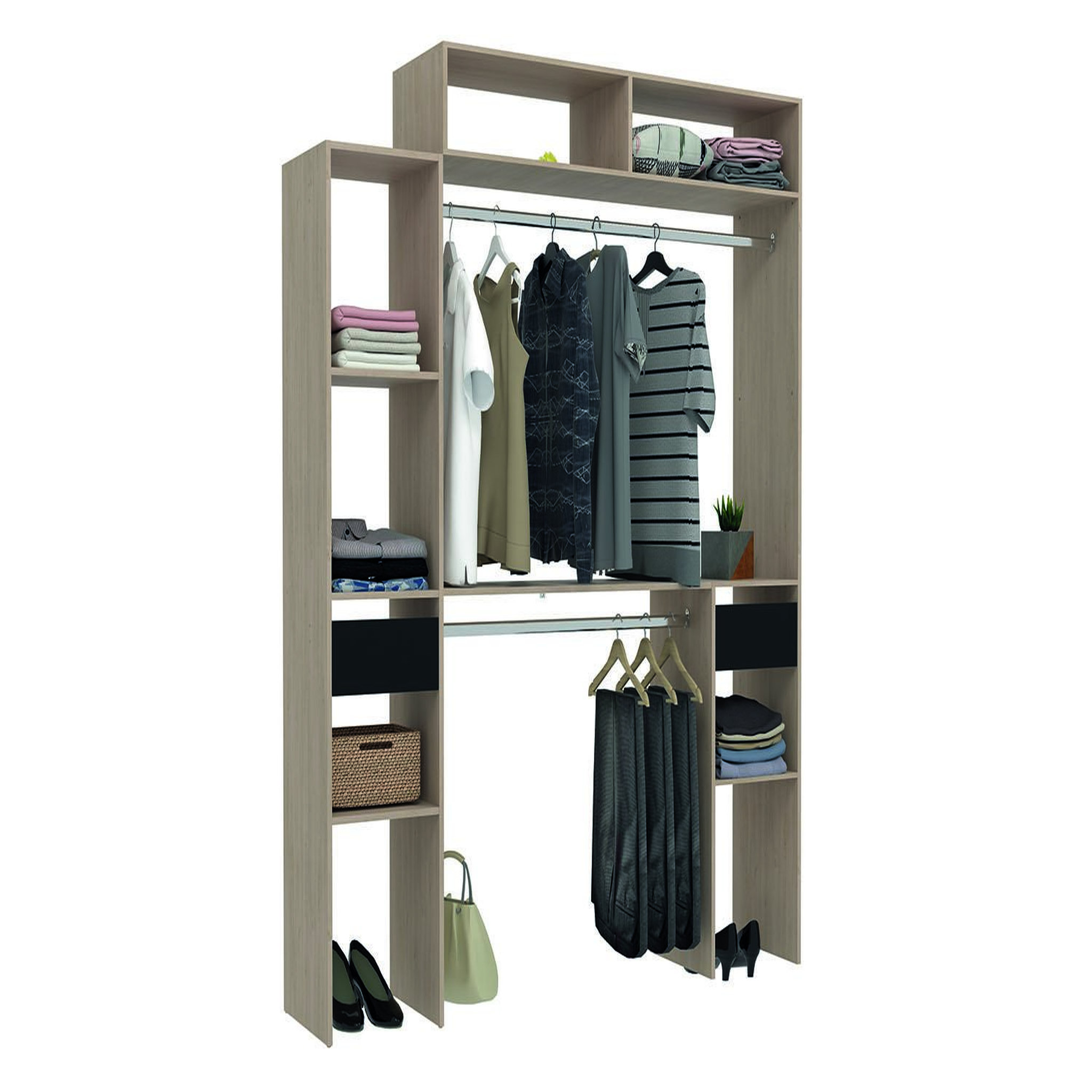 Voir la diapositive 2 : CONCEPT USINE Dressing bois extensible avec 2 penderies 4 étagères et 2 tiroirs elysee