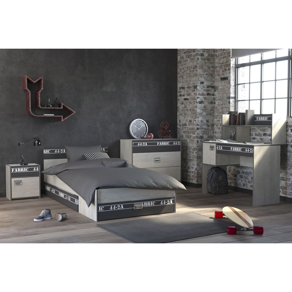 Lit junior style industriel couchage 90x200cm + 1 tiroir de rangement bout de lit LOFTY