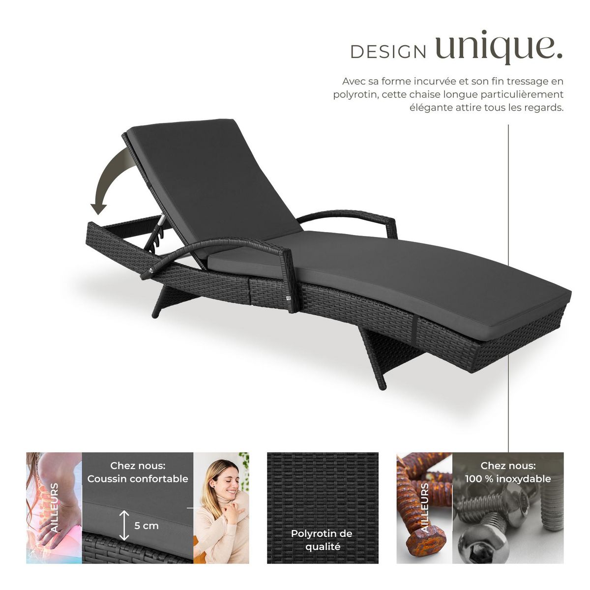 tectake Bain de soleil en rotin avec cadre en aluminium noir