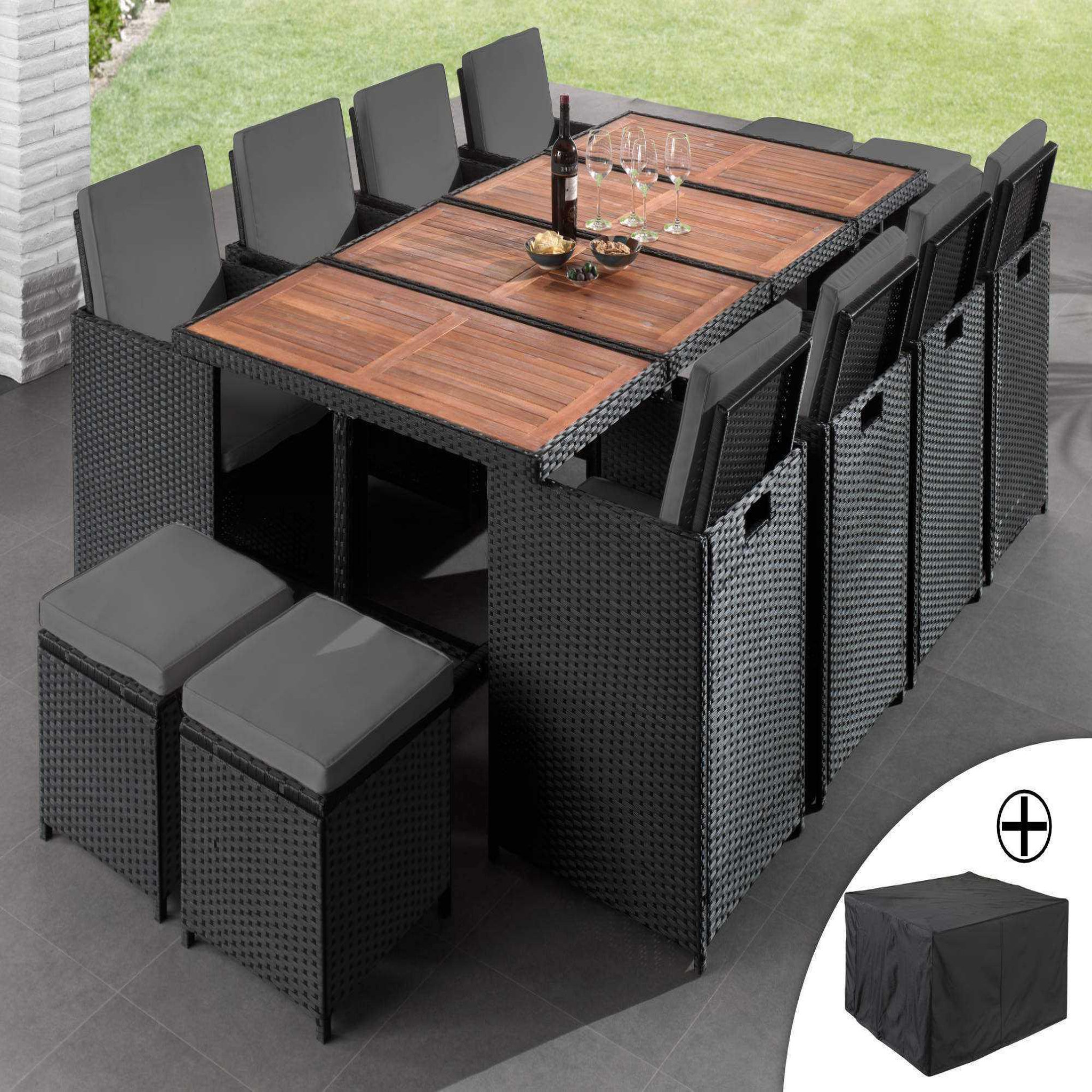 Voir la diapositive 1 : BEST MOBILIER Cuba - salon de jardin encastrable 12 places - en résine tressée - noir avec coussins gris + housse de protection