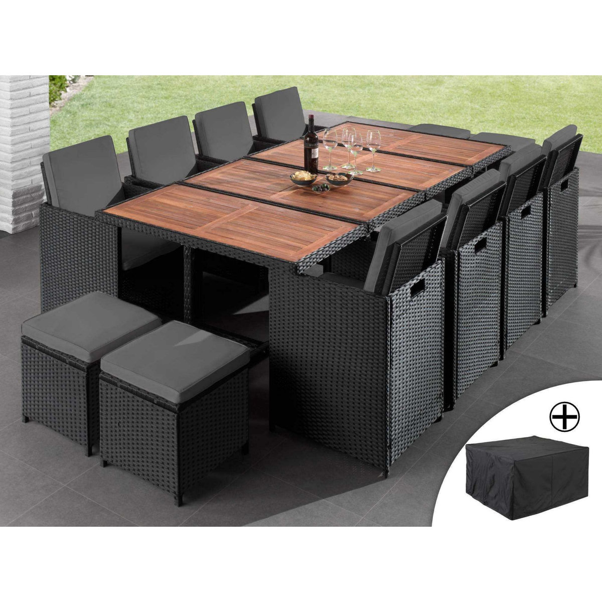 BEST MOBILIER Cuba - salon de jardin encastrable 12 places - en résine tressée - noir avec coussins gris + housse de protection