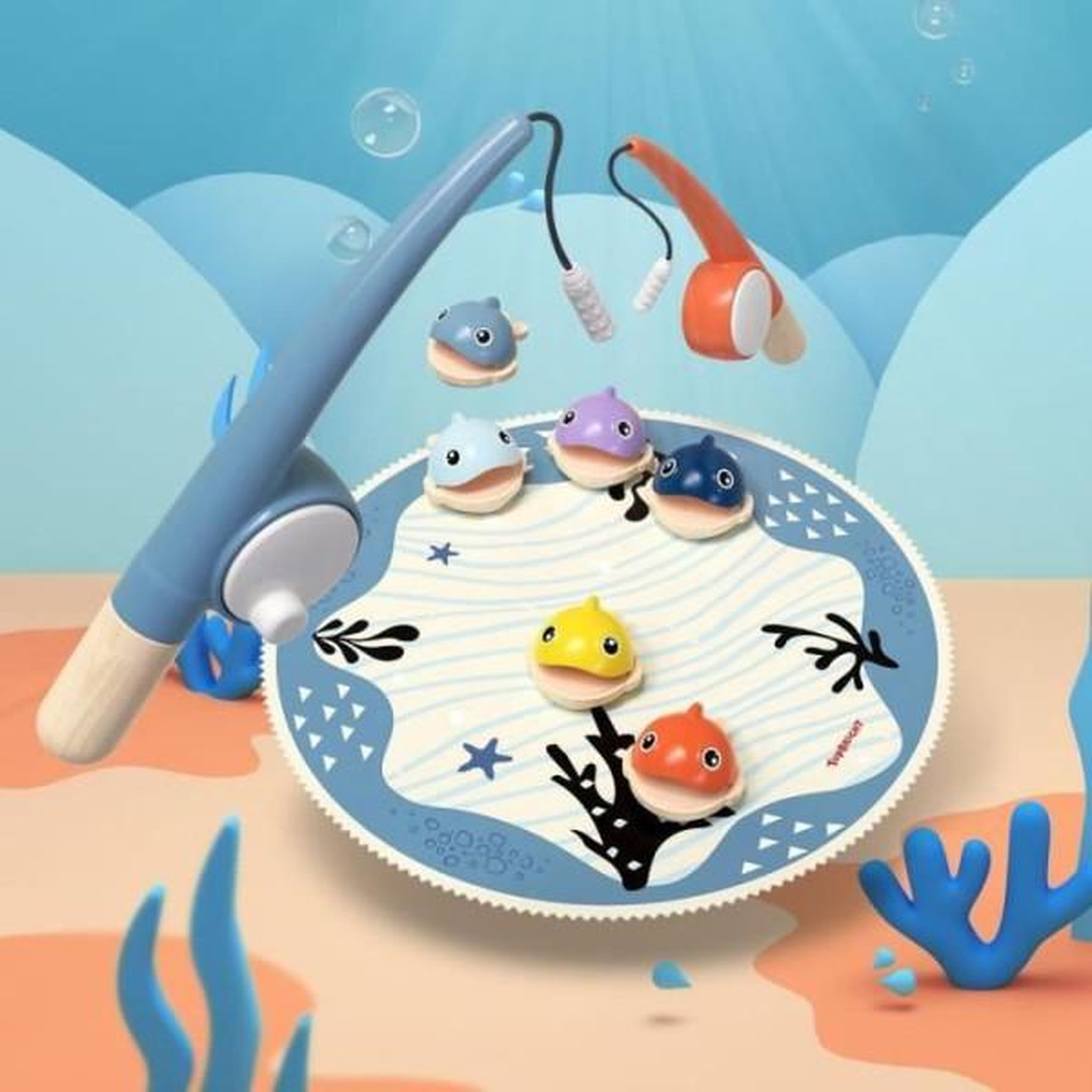 Voir la diapositive 4 : JACTAL Attrape les poissons, jeu éducatif, 6 poissons magnétiques, 2 cannes a peche, tapis en tissu, pour enfant des 2 ans, top brigh