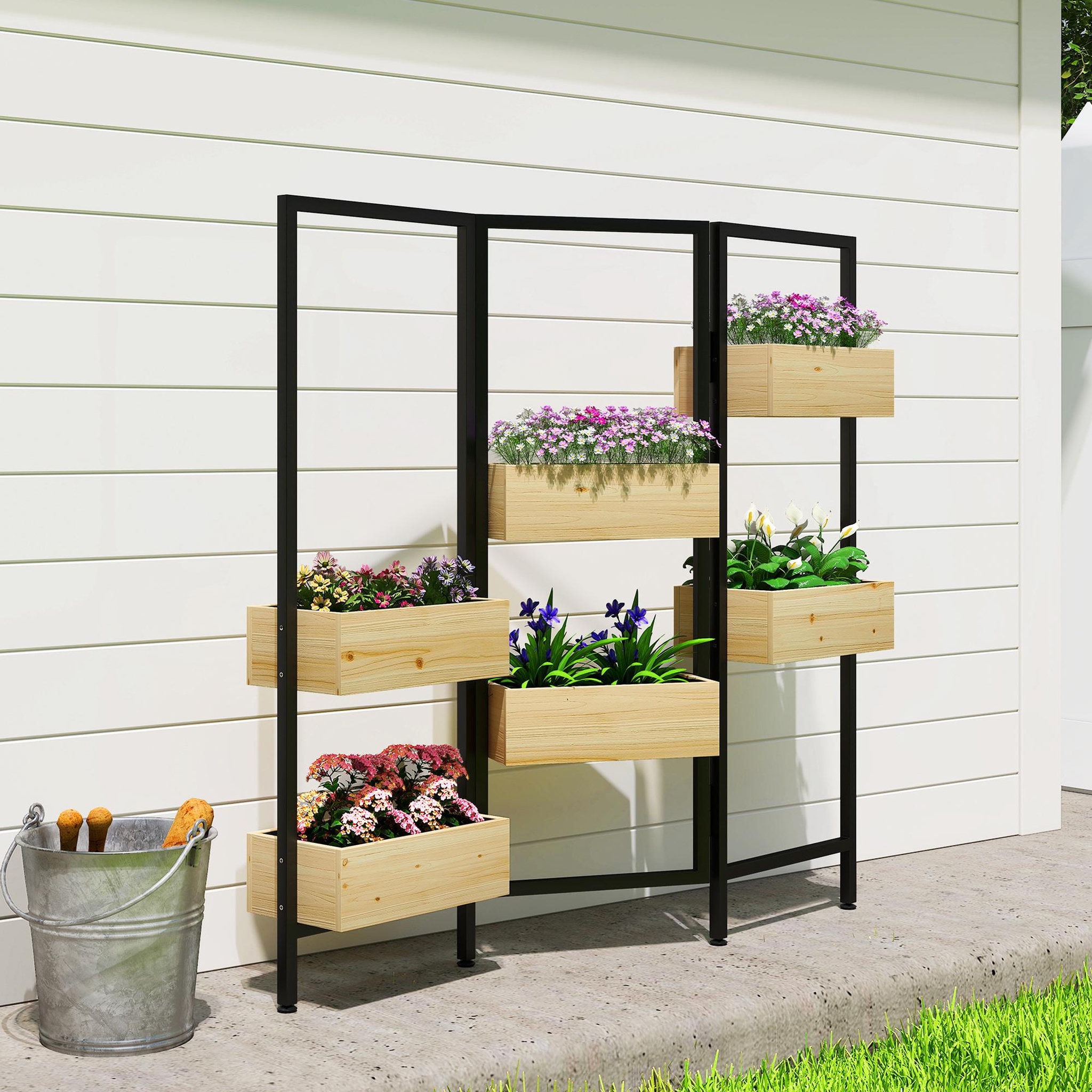 Voir la diapositive 4 : OUTSUNNY Séparateur de pièce intérieur extérieur 3 panneaux - 6 jardinières - acier noir bois
