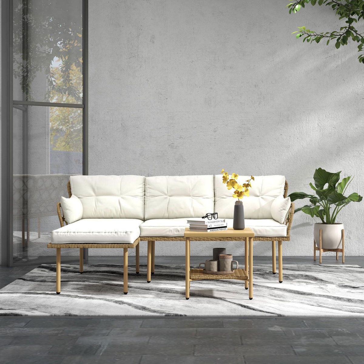 OUTSUNNY Salon de jardin d'angle 4 places style exotique - coussins, table basse inclus - résine tressée aspect rotin