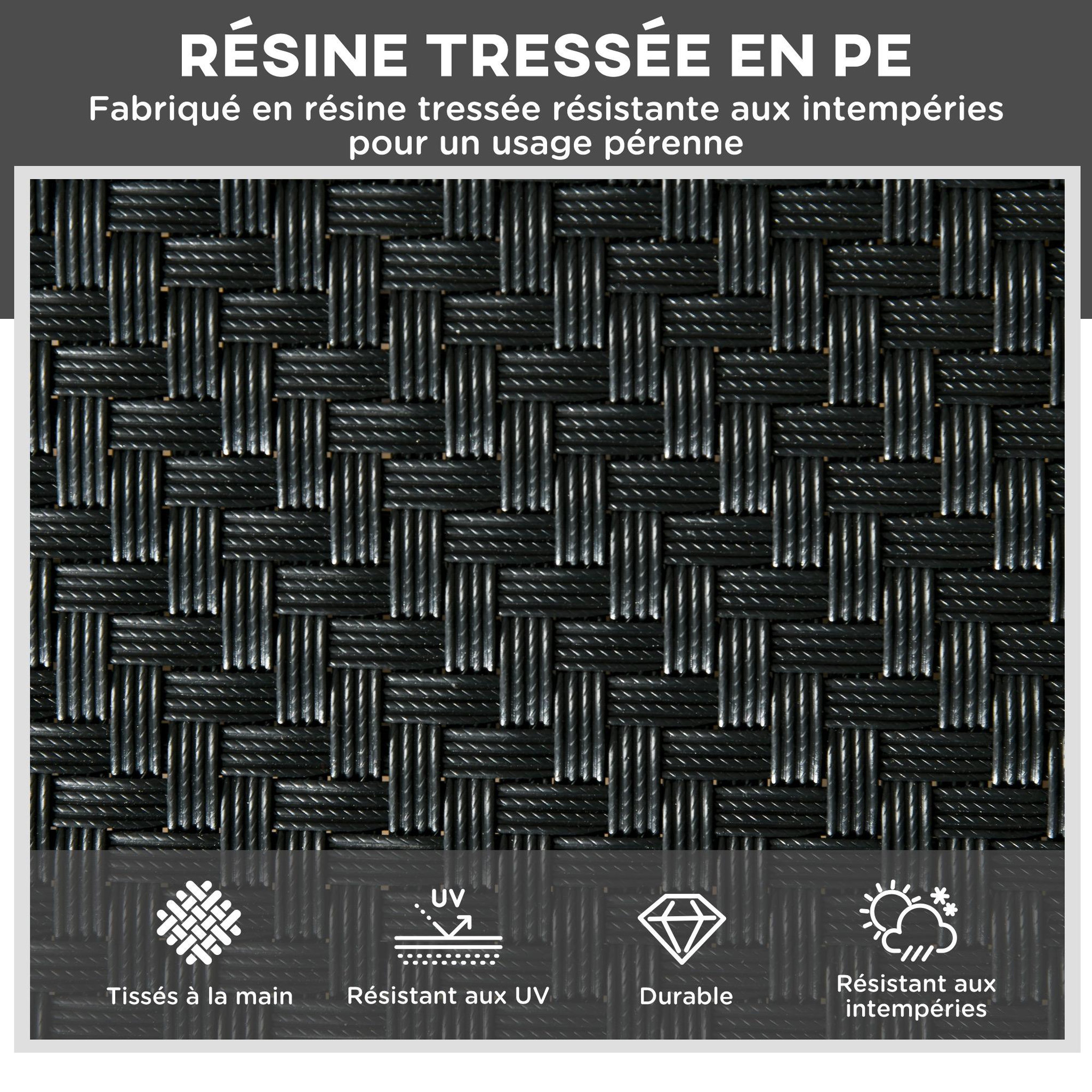 Voir la diapositive 4 : OUTSUNNY Bain de soleil transat grand confort - dossier inclinable 5 positions roulettes - châssis alu. résine tressée noire