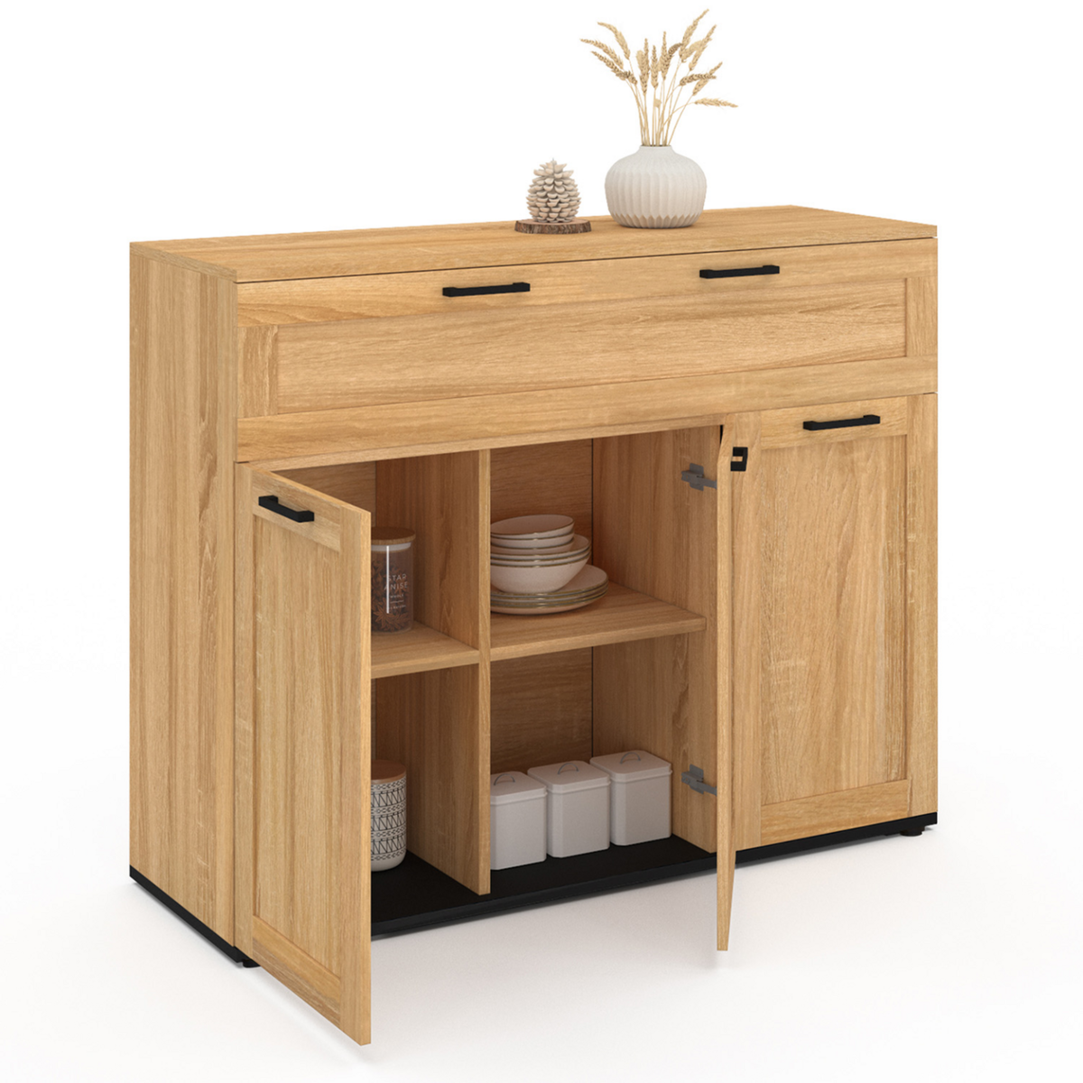 ID MARKET Buffet 100 cm VITO 3 portes et 1 tiroir façon hêtre et poignées noires