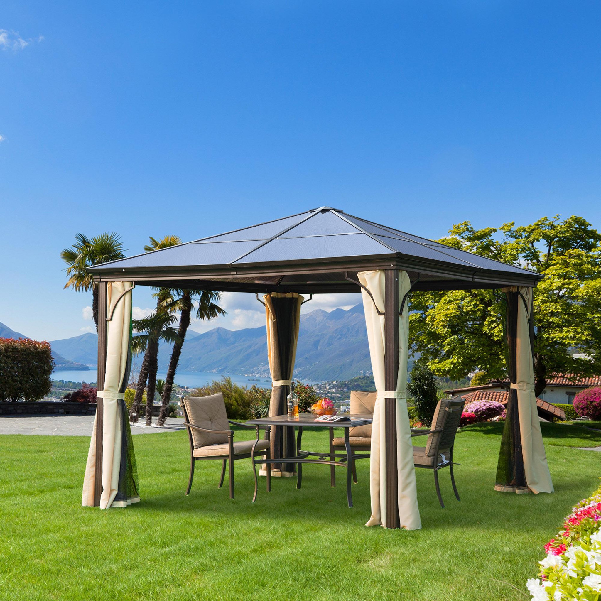Voir la diapositive 2 : OUTSUNNY Tonnelle pavillon de jardin imperméable 4 parois latérales anti-UV 4 moustiquaires panneaux polycarbonate alu 3L x 3l x 2,6H m chocolat beige