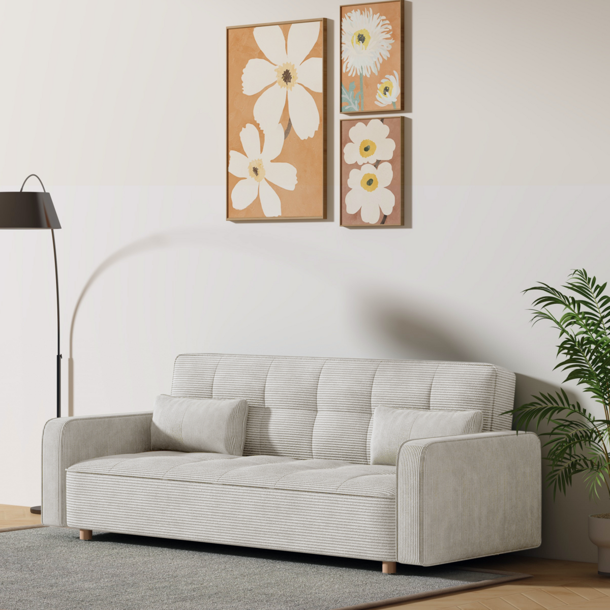 CONCEPT USINE Canapé scandinave convertible 3 places en velours côtelé beige COPENHAGUE
