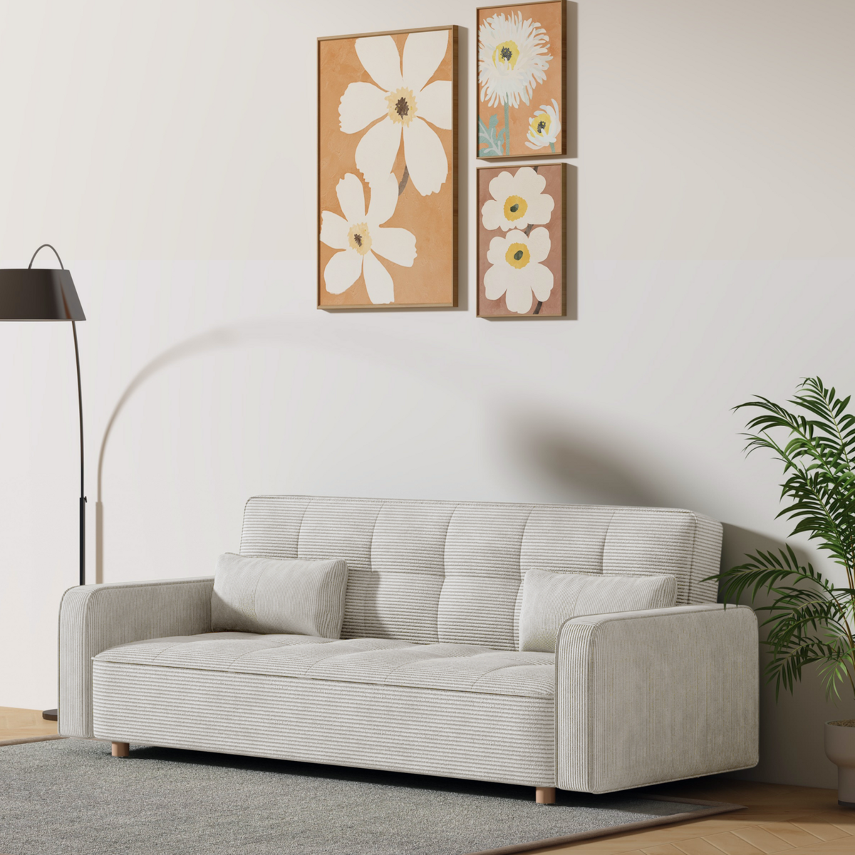 CONCEPT USINE Canapé scandinave convertible 3 places en velours côtelé beige COPENHAGUE