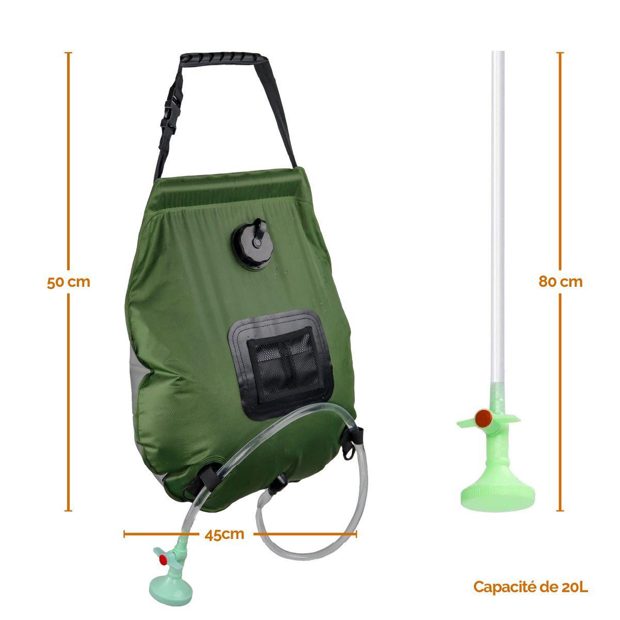 Voir la diapositive 2 : LINXOR Sac de douche solaire 20 L pour camping ou jardin - Vert kaki