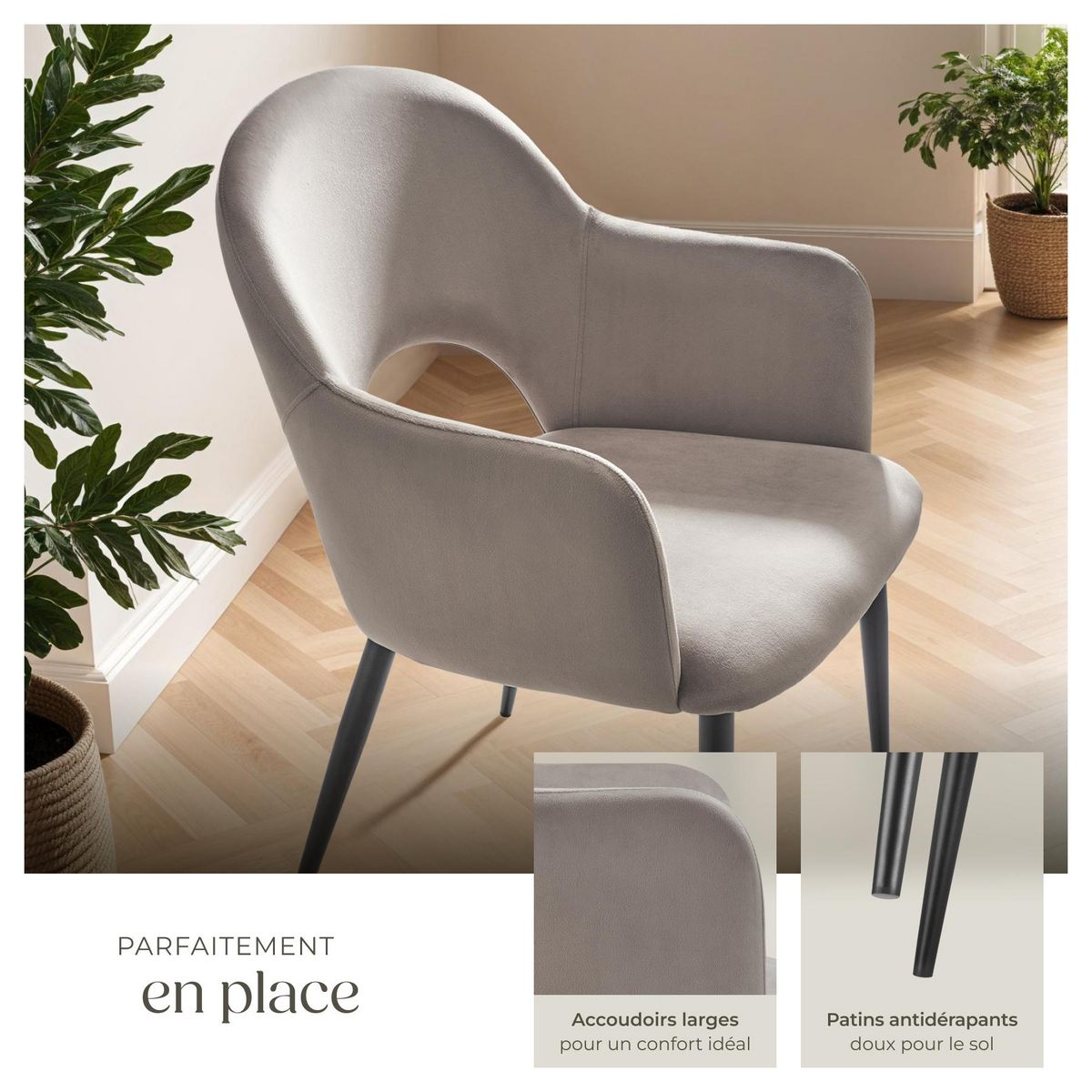 tectake Fauteuil en velours et rembourré taupe Lot de 6