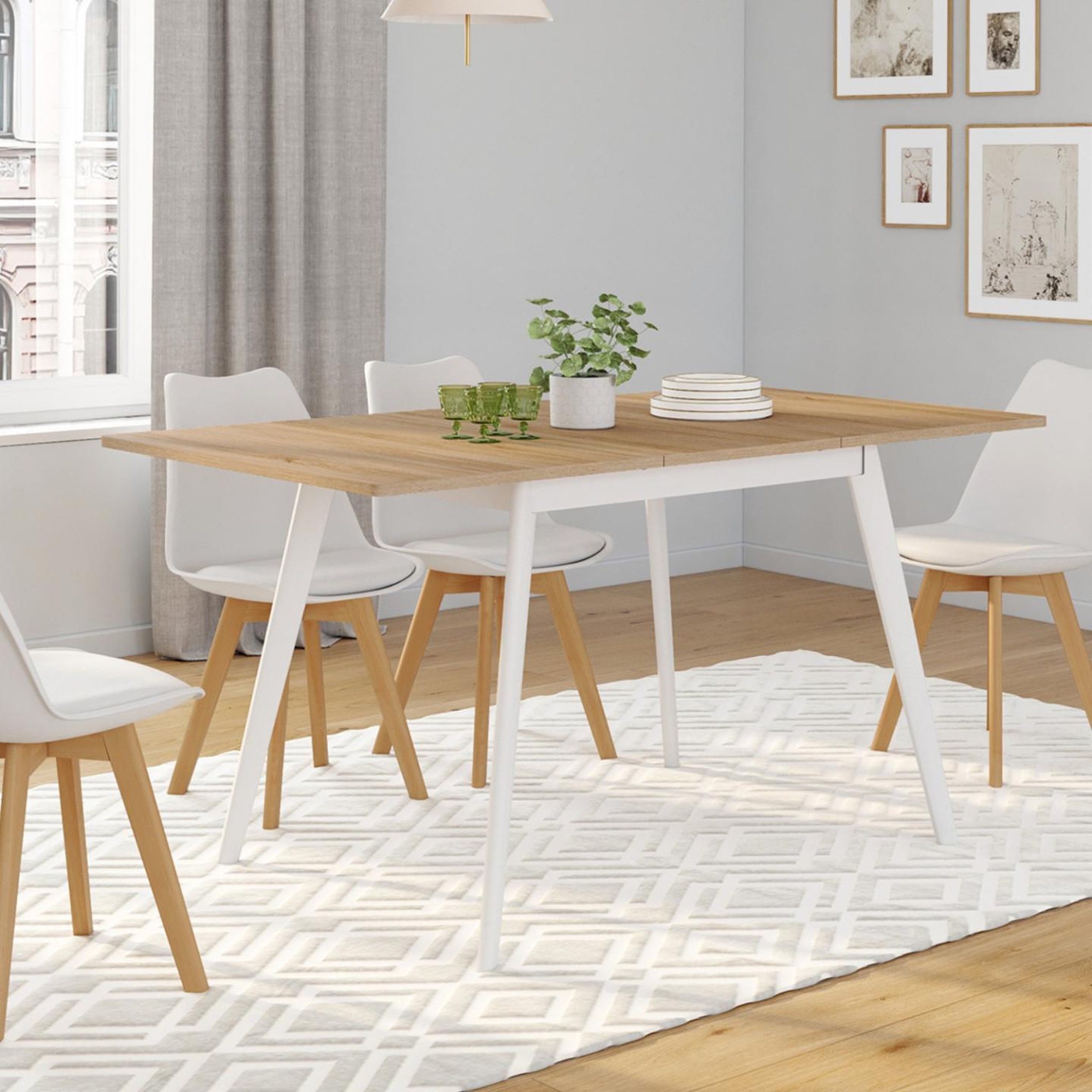 Voir la diapositive 2 : ID MARKET Table scandinave extensible rectangle inga 4-8 personnes plateau bois pieds blancs 110-150 cm