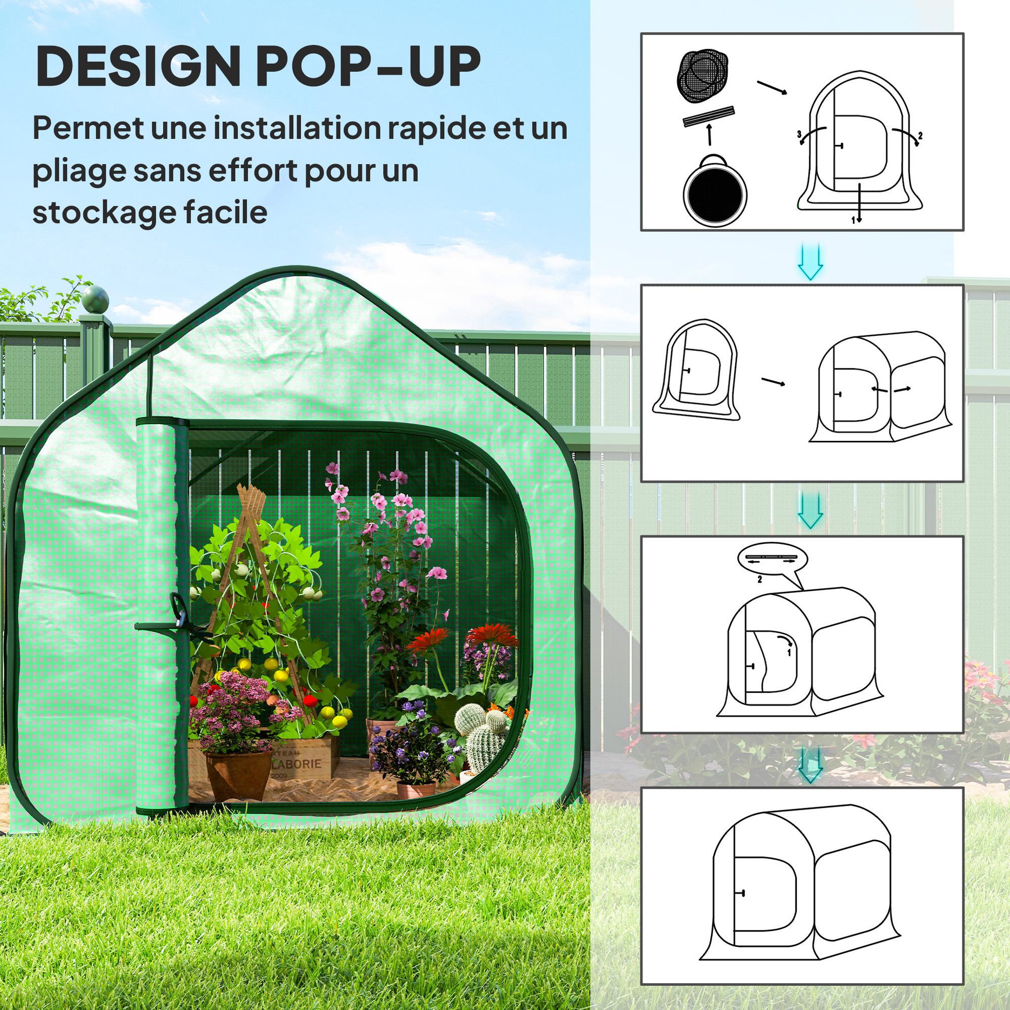 Voir la diapositive 5 : OUTSUNNY Mini serre de jardin pop up - porte zippée - dim. 150 x 148 x 148 cm - acier pe vert