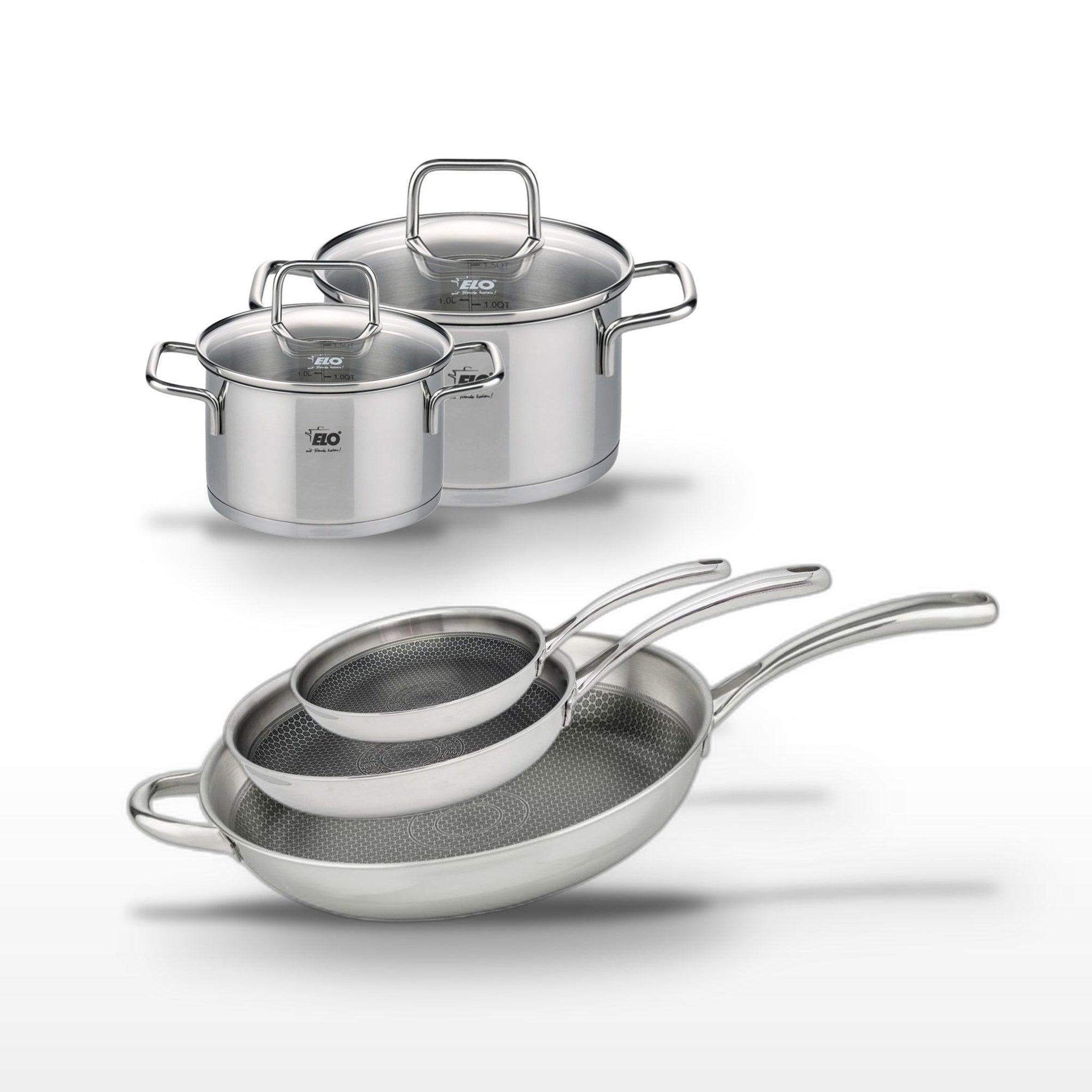 ELO Lot de 3 poêles 32/28/24cm et 2 faitouts 20/16cm elo relief evolution