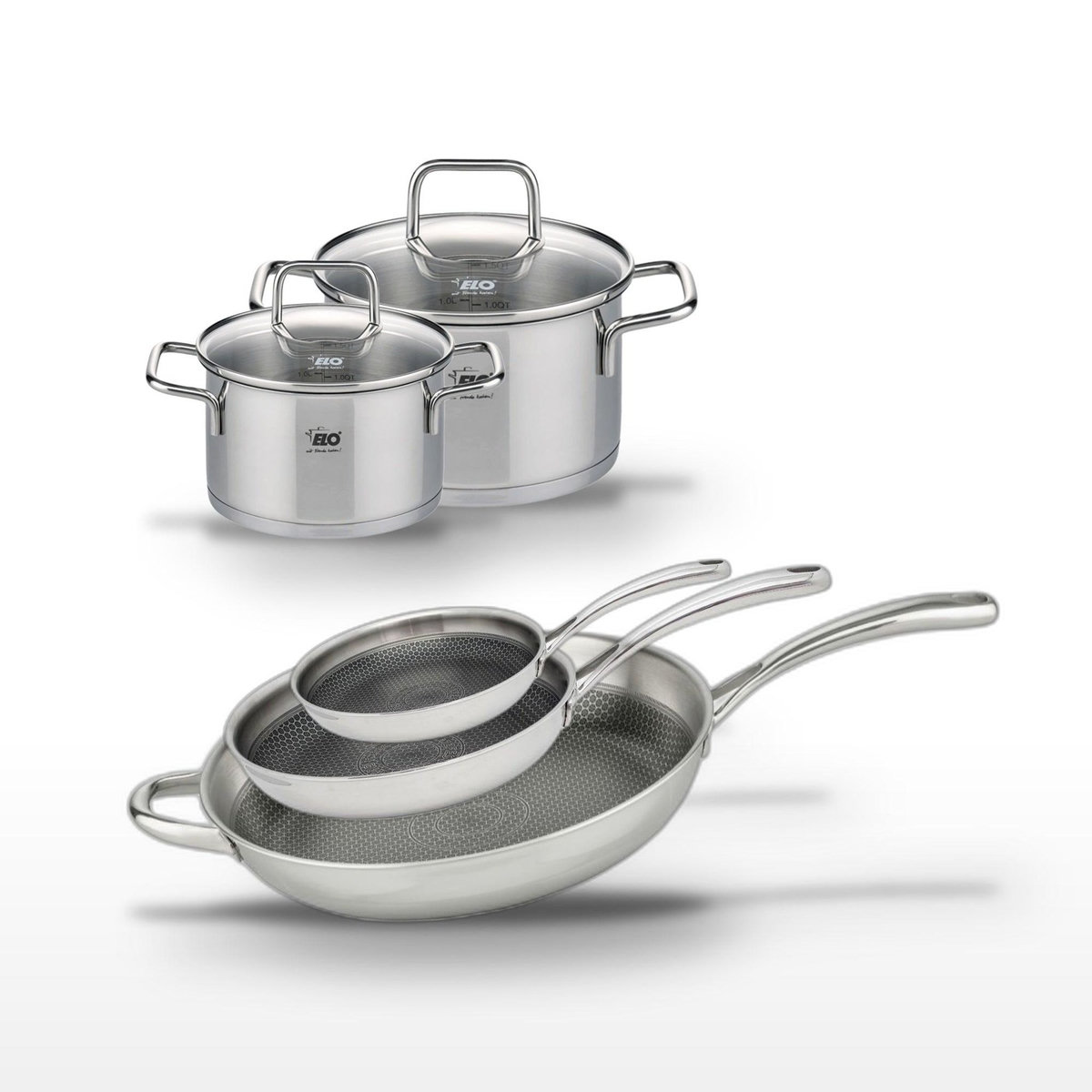 ELO Lot de 3 Poêles 32/28/24cm et 2 Faitouts 20/16cm Elo Relief Evolution