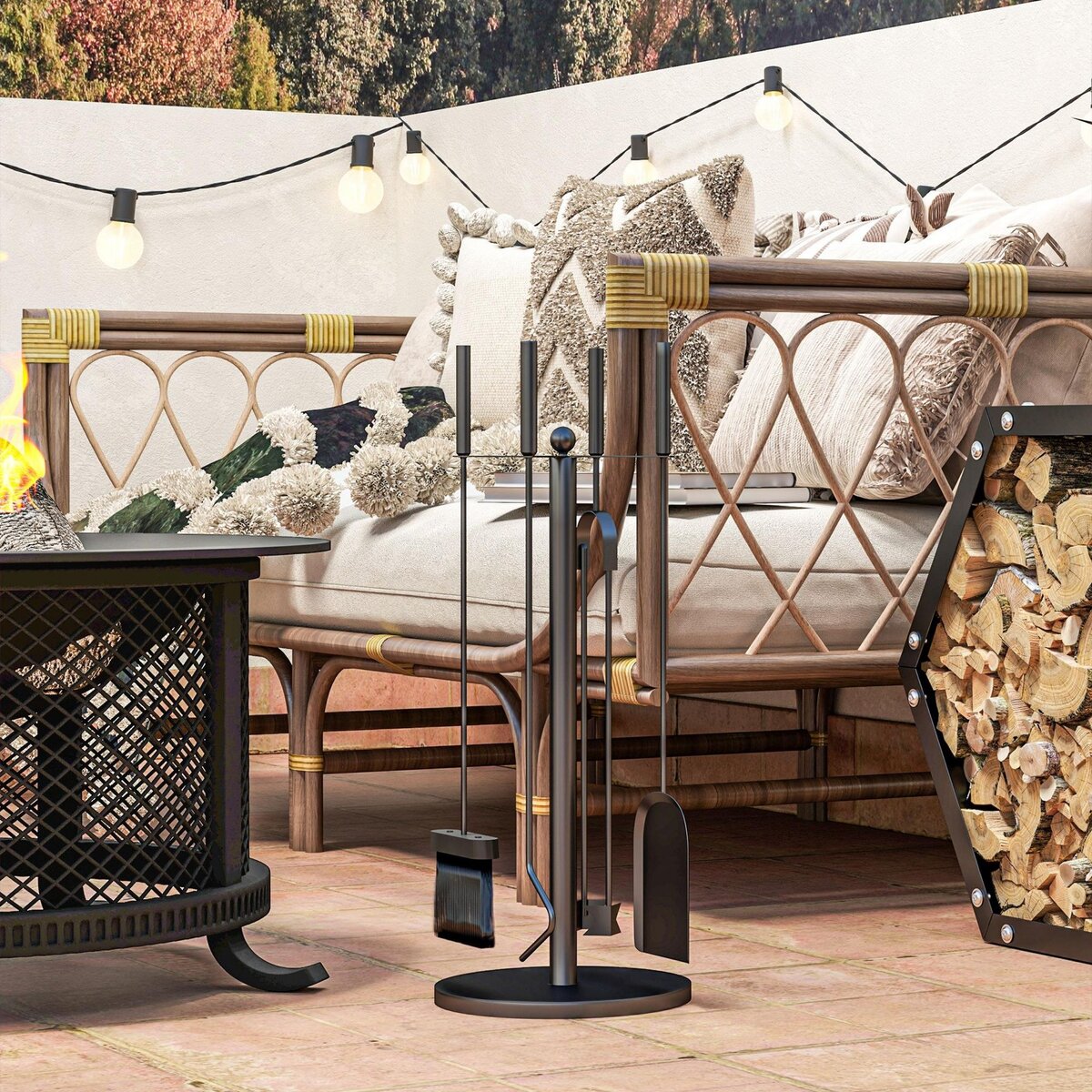 OUTSUNNY Serviteur de cheminée moderne 5 pièces - balai, pelle, pince, tisonnier, support - métal noir