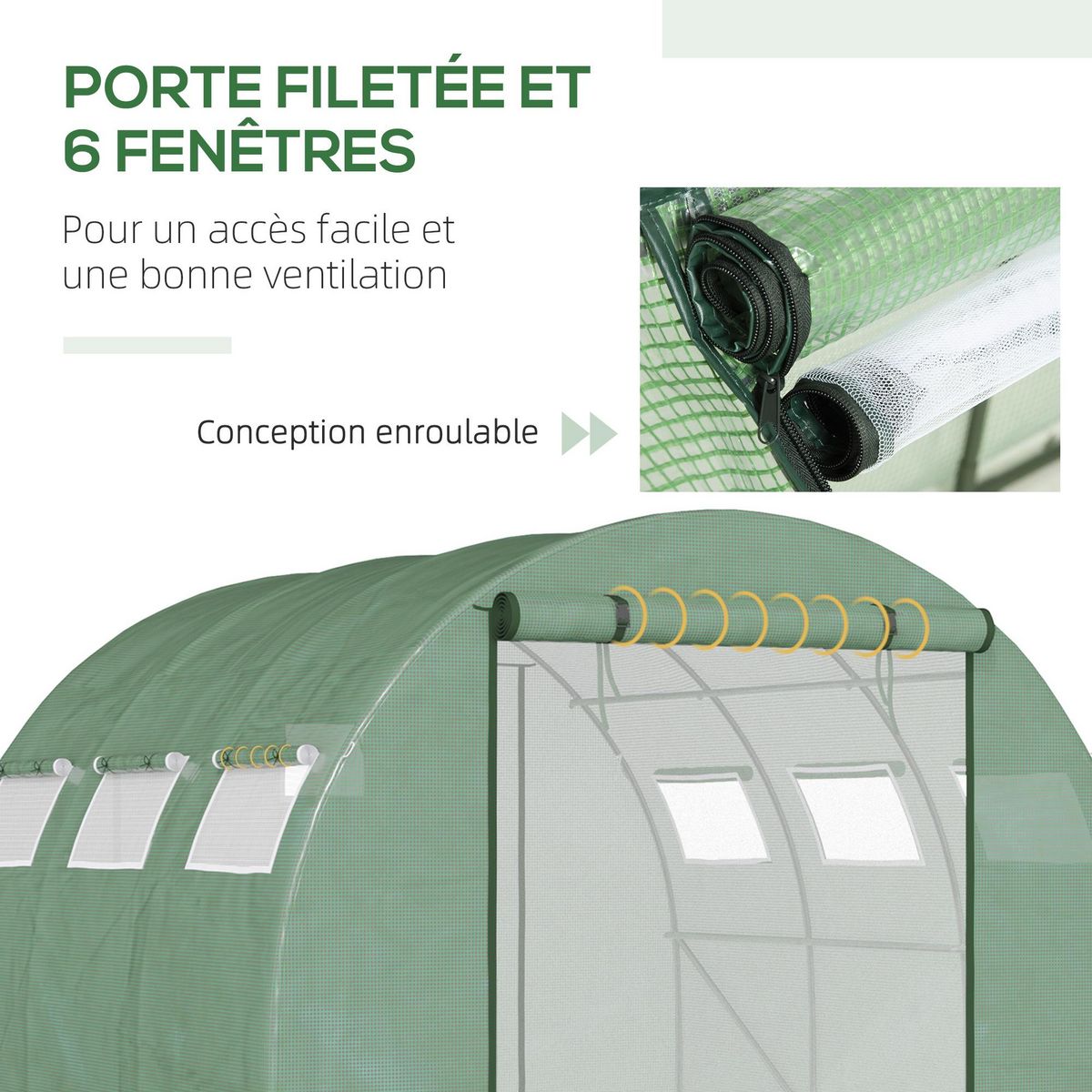 OUTSUNNY Serre tunnel de jardin grande taille dim. 3L x 2,95l x 1,97H m - 6 fenêtres, porte zippée enroulable - acier galvanisé PE haute densité vert