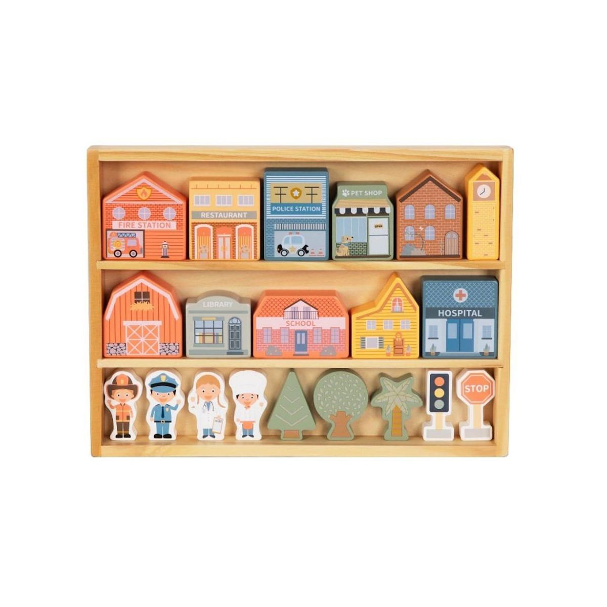 ELINELI Blocs de ville en bois- Maisons, personnages et accessoires
