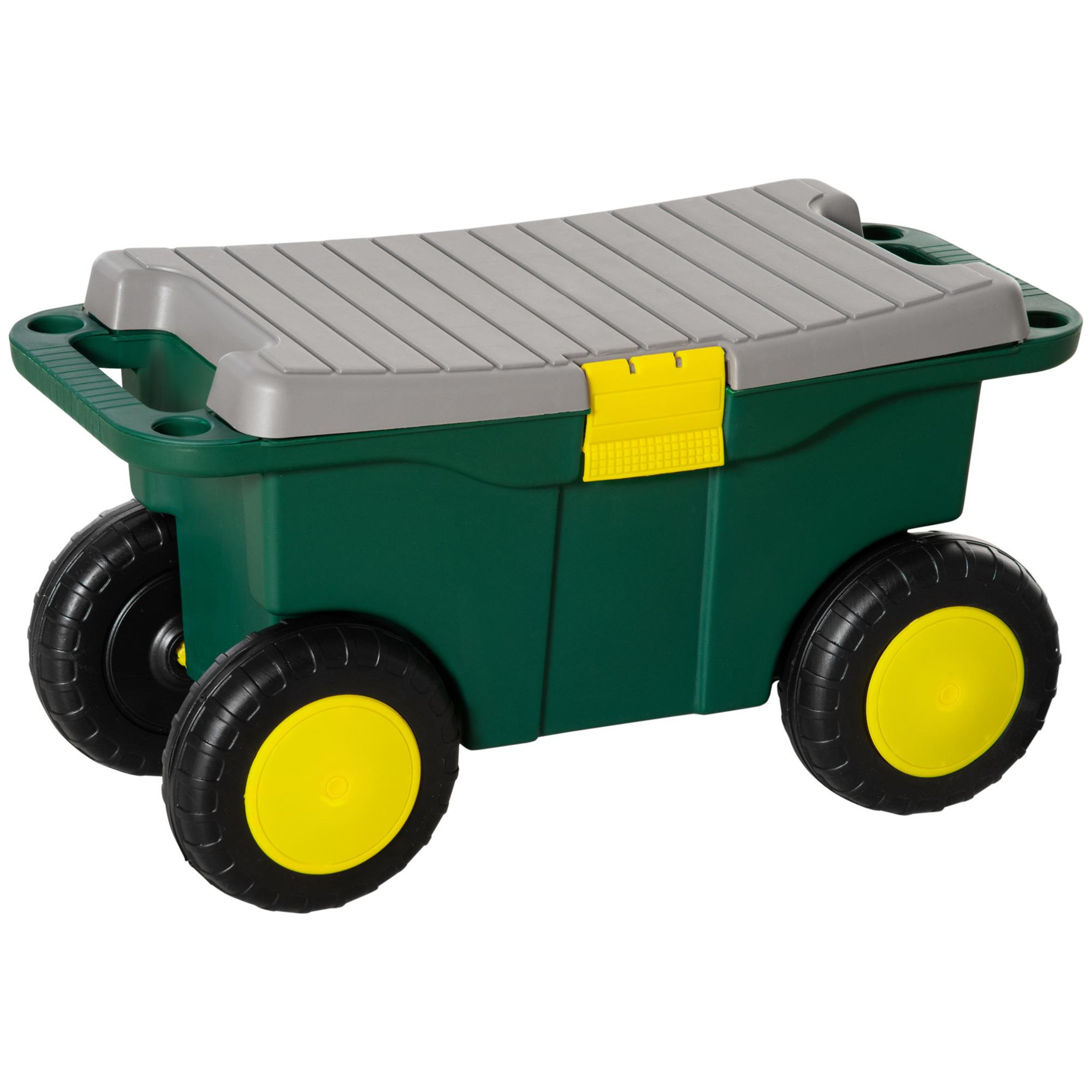 Voir la diapositive 2 : OUTSUNNY Tabouret de jardin caisse à outils 2 en 1 - coffre et plaque compartimentée de rangement verrouillable - 4 roulettes, 2 poignées - PP gris jaune vert