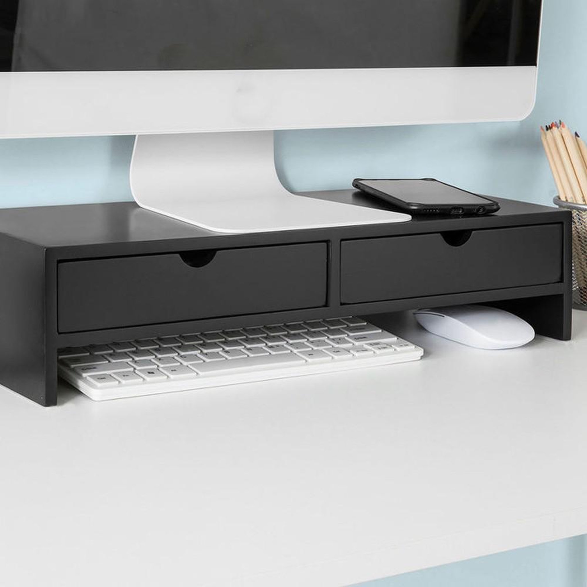 Voir la diapositive 6 : SOBUY Support Écran avec 2 Tiroirs Noir 47x18x11cm BBF02-SCH