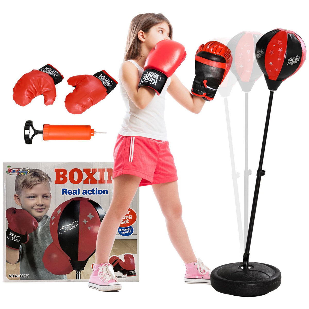 HOMCOM Punching ball enfant - sac de frappe enfant - hauteur réglable - base lestage, pompe, 2 gants inclus - rouge noir