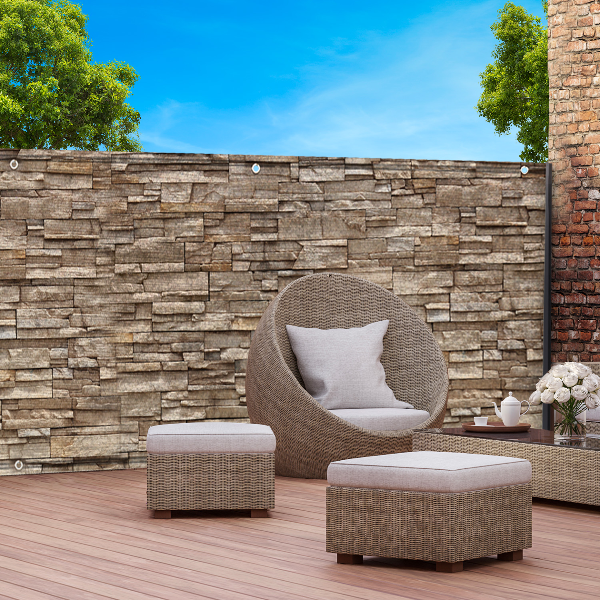 Voir la diapositive 2 : ID MARKET Brise vue occultant 1,2 x 10 m motif pierre marron 160 gr/m²