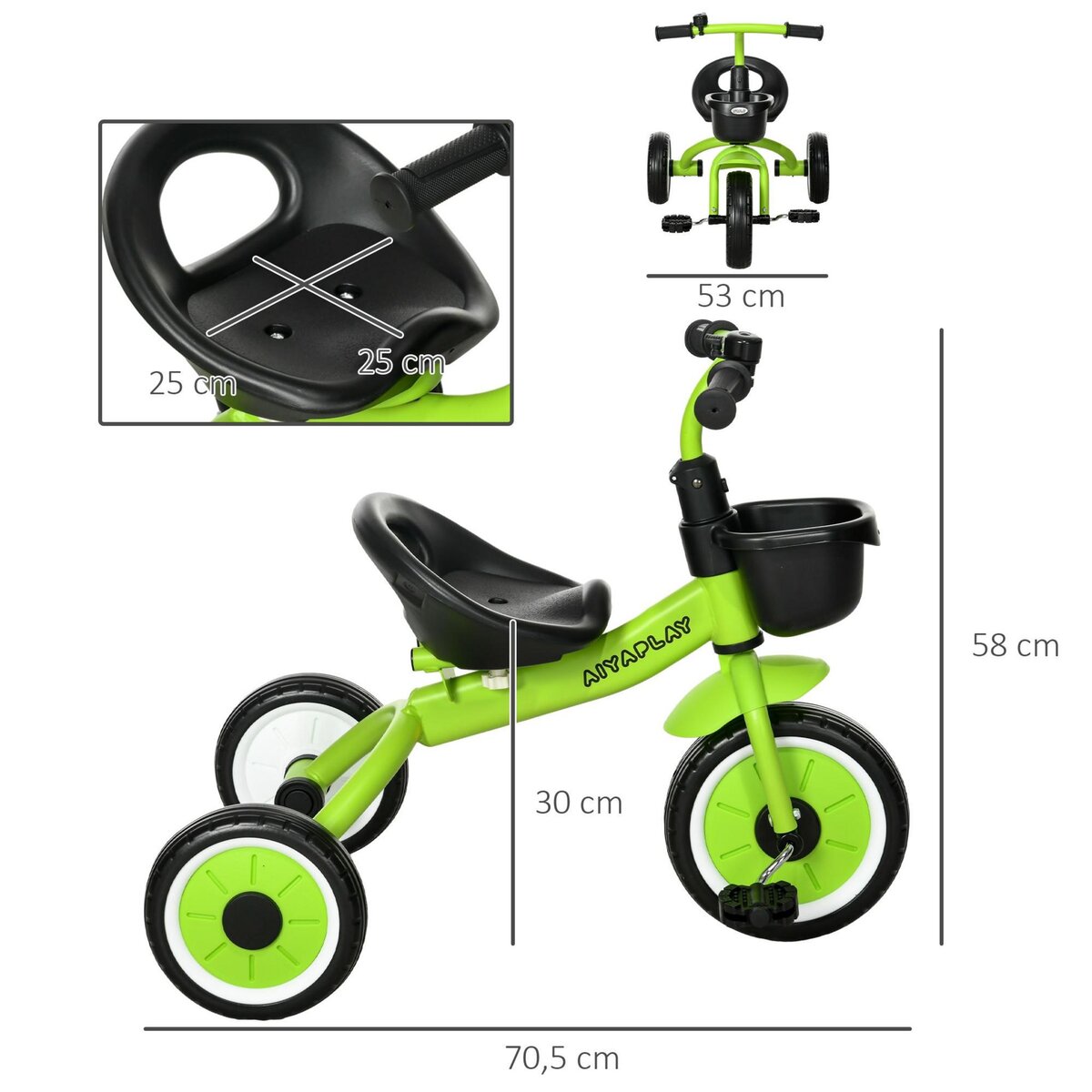 HOMCOM Tricycle enfant multi-équipé garde-boue sonnette panier pédales antidérapantes siège réglable avec dossier métal vert