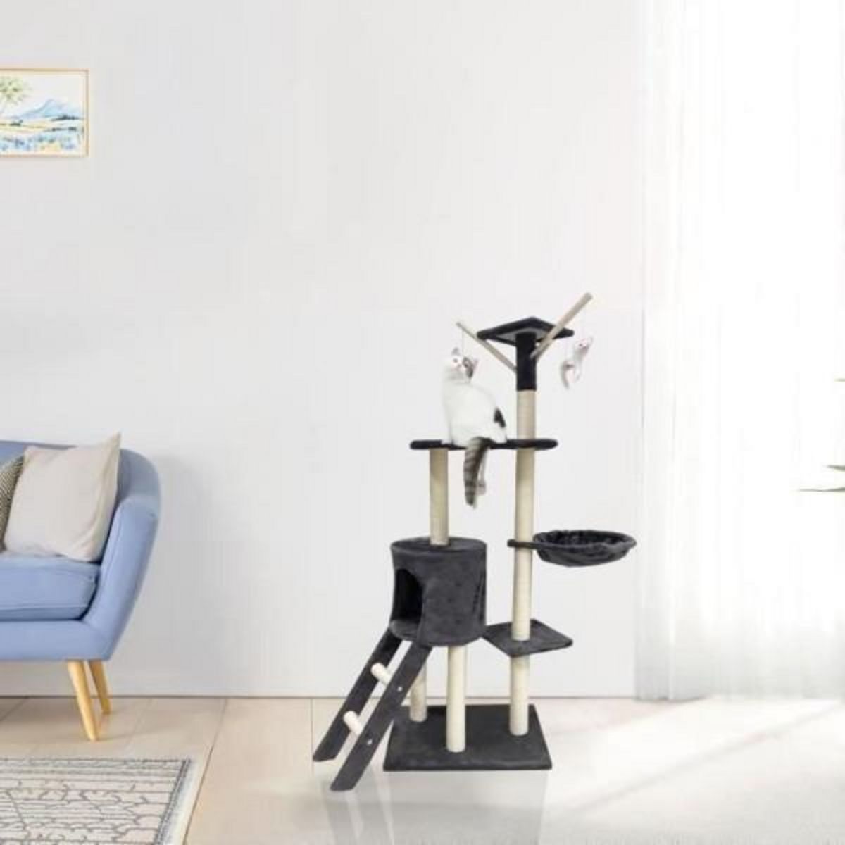 MARKET24 JIPSY Arbre a chat gris foncé 79 x 34 x 138 cm - 3 plateformes, 1 perchoir, 1 niche, 1 escalier, poteaux a griffer