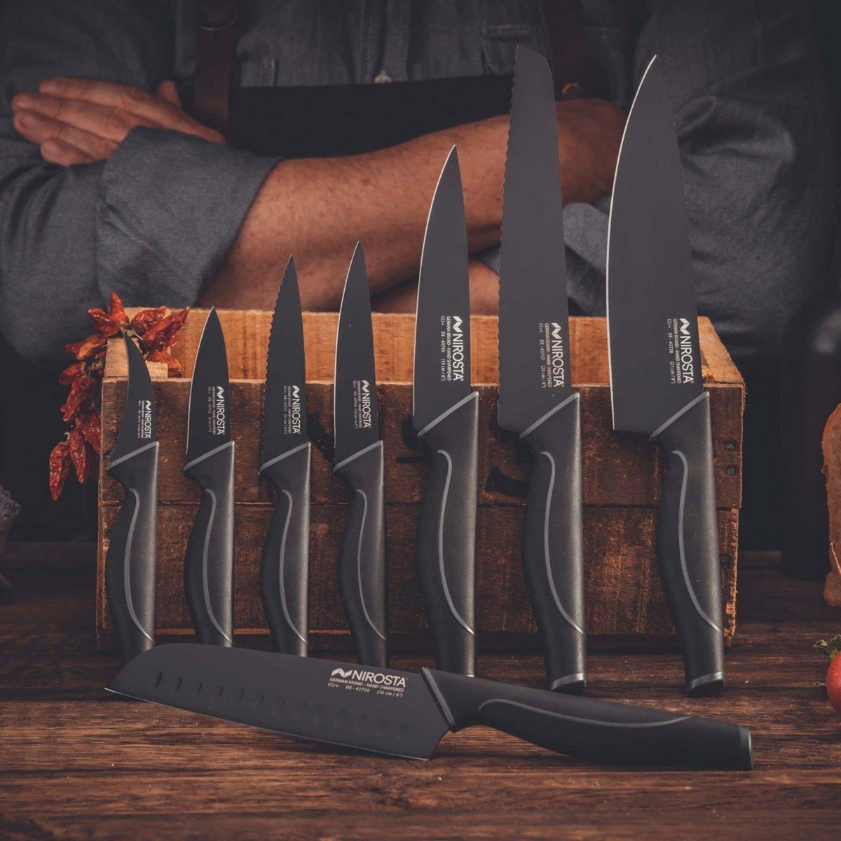 NIROSTA Ensemble de 2 Couteaux de cuisine cranté Nirosta Black Edition