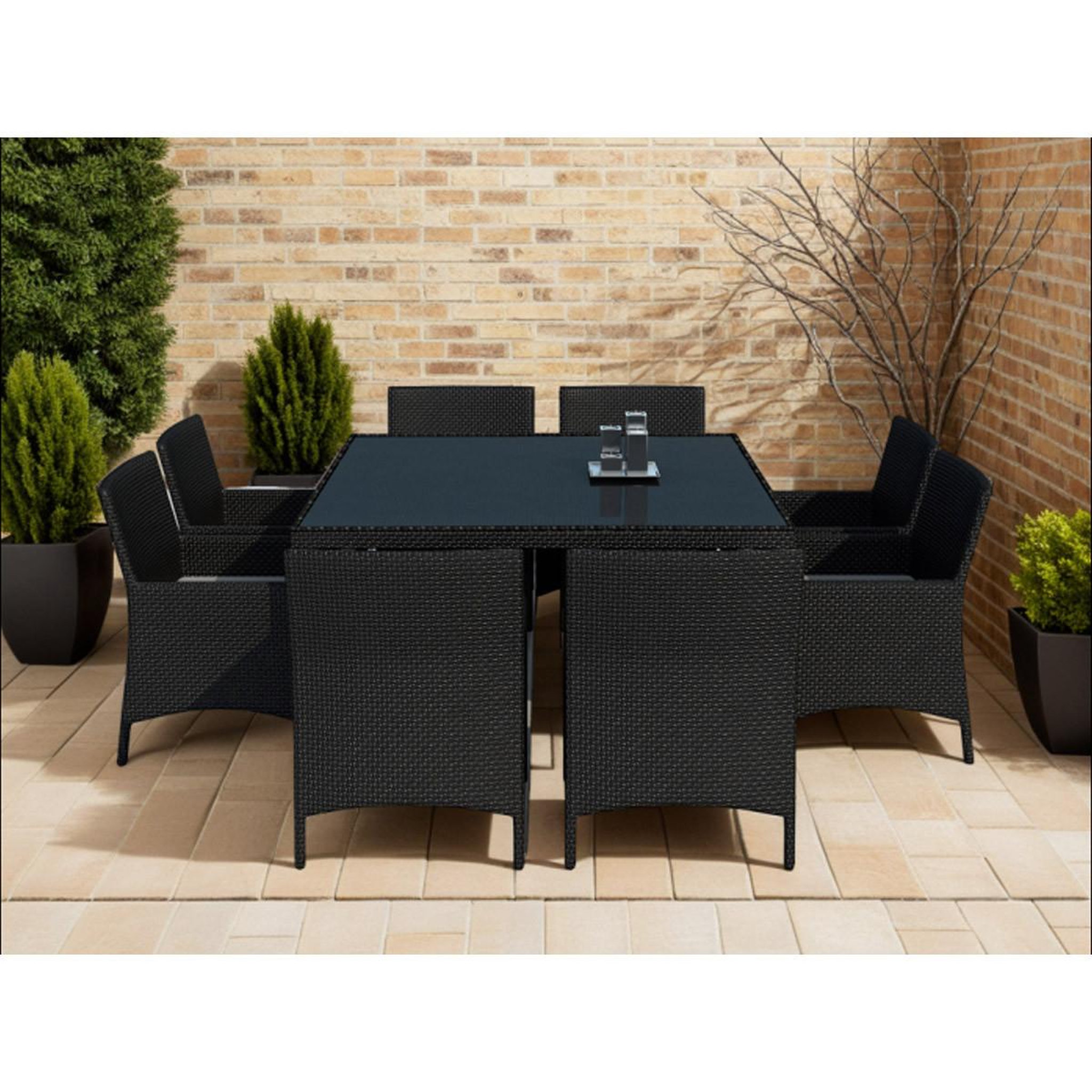 Voir la diapositive 3 : Paris Prix Ensemble repas de jardin en résine tressée  sunny  140cm noir & écru