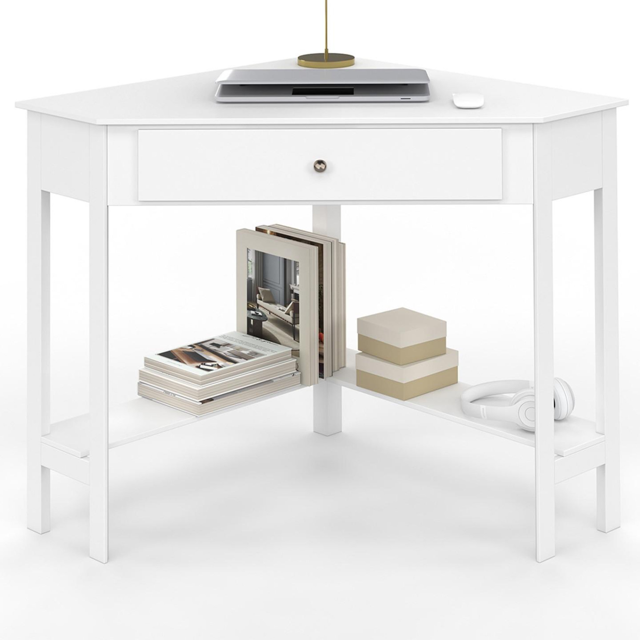 ID MARKET Bureau d'angle remi blanc gain de place bureau informatique avec rangements et 1 tiroir
