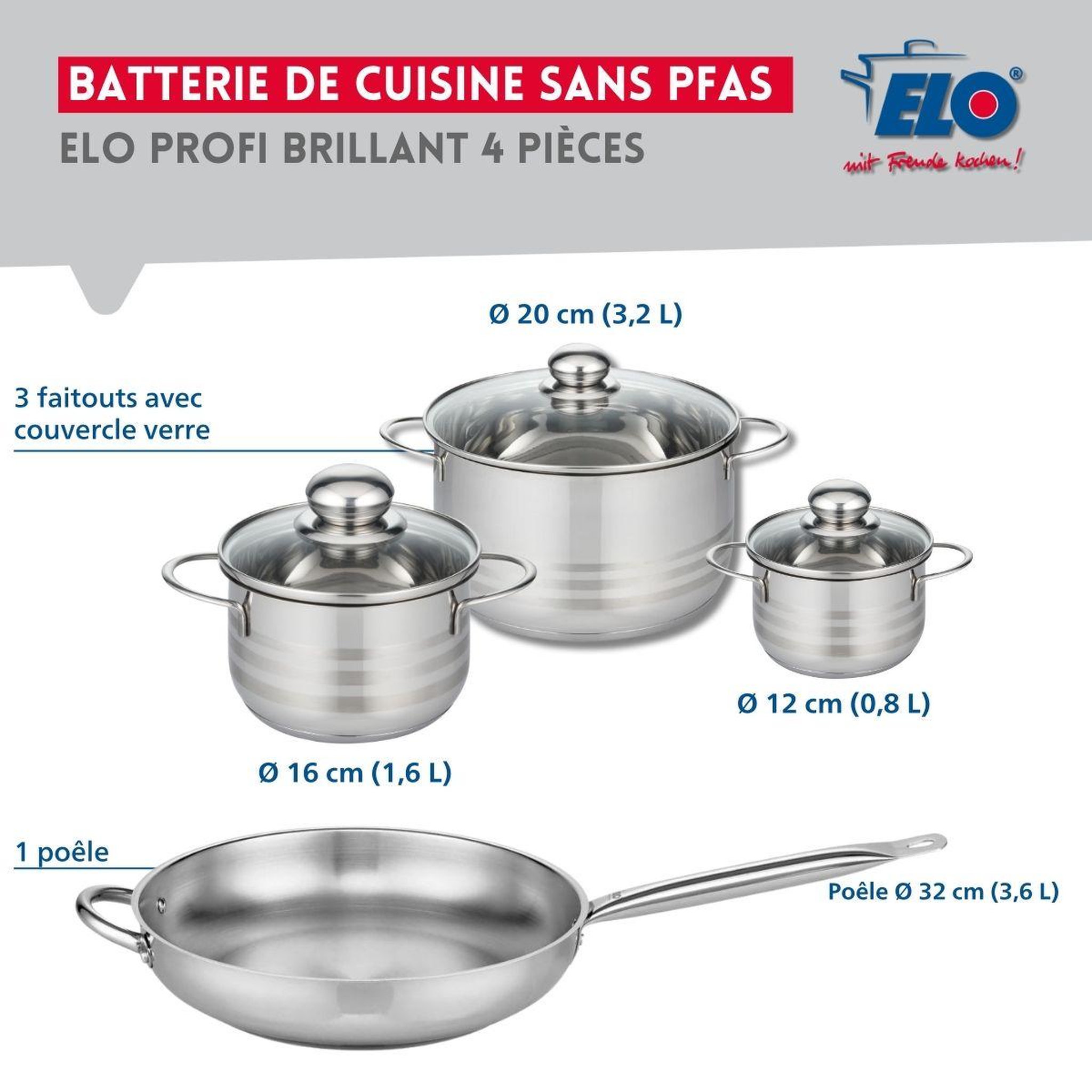Voir la diapositive 2 : ELO Ensemble de 1 poêle de cuisson 32 cm et 3 faitouts 12, 16 et 20 cm elo profi brillant