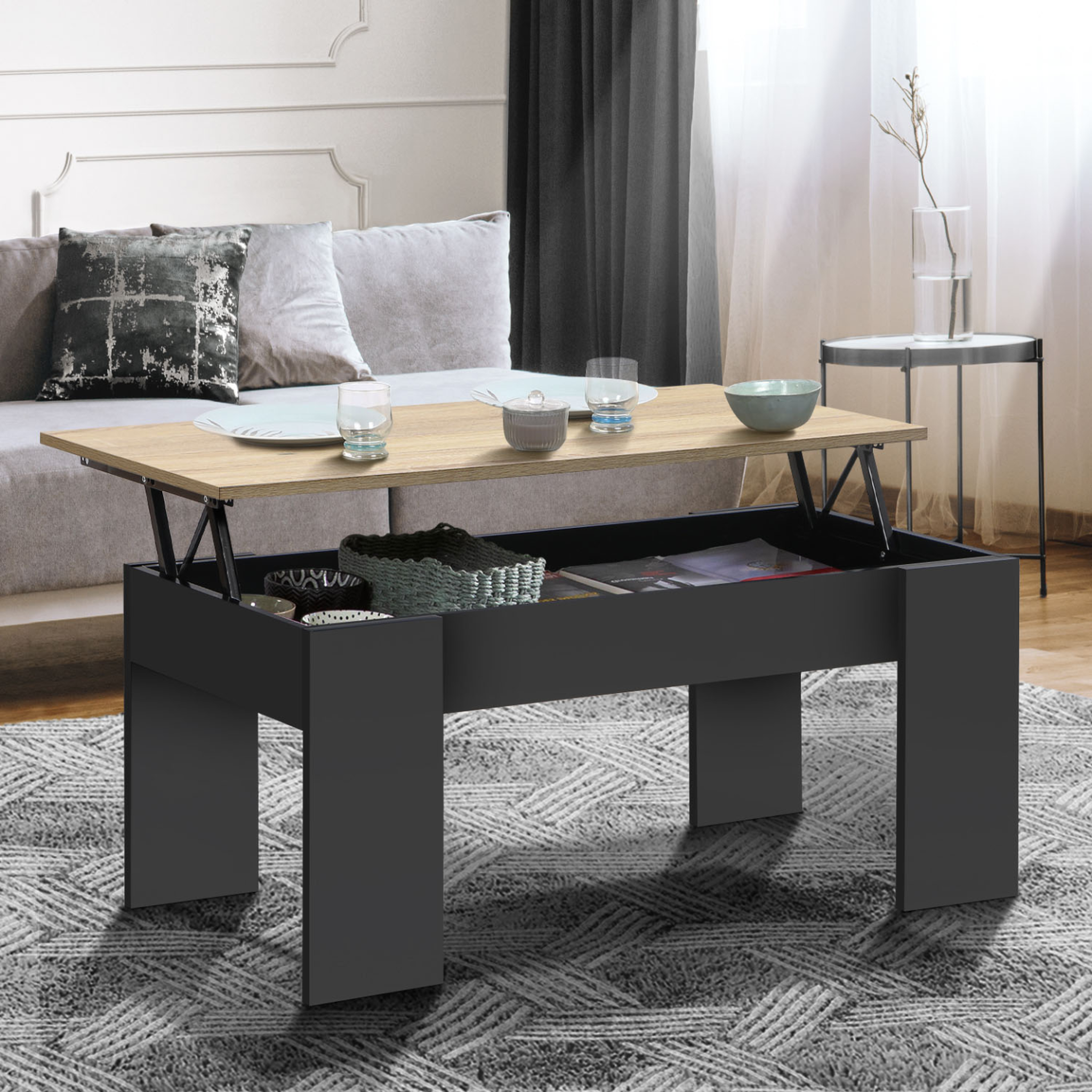 Voir la diapositive 2 : ID MARKET Table basse plateau relevable rectangulaire tara bois noir et imitation hêtre
