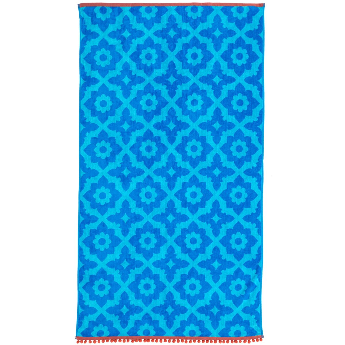 ACTUEL Drap de plage en coton 420 gr/m2 imprimés et pompons bleus PRETTY BLUE