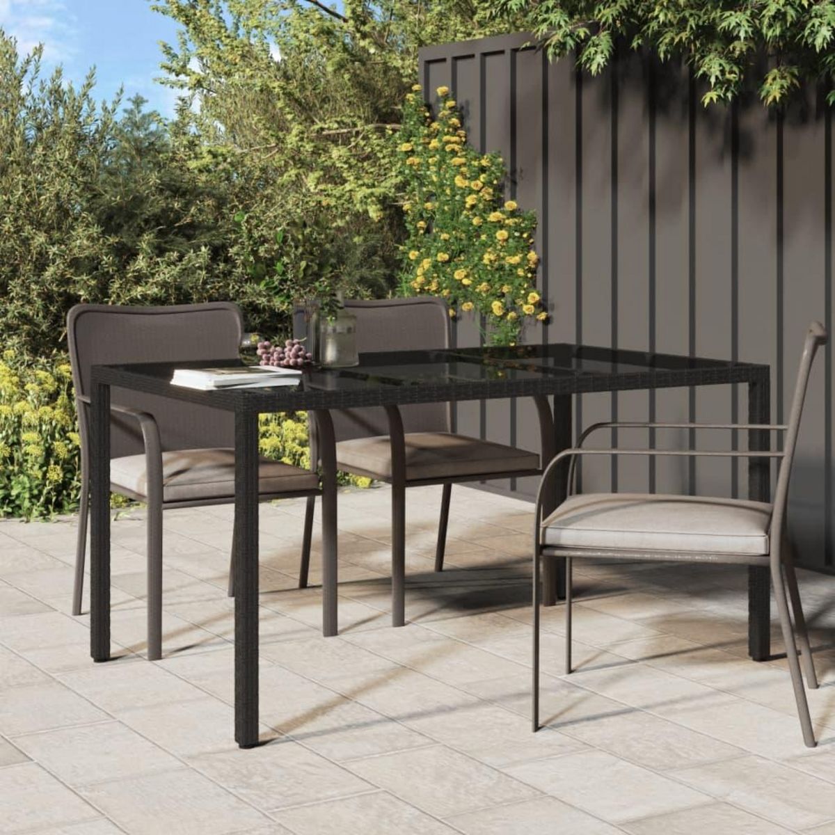 VIDAXL Table de jardin 150x90x75cm Verre trempe et resine tressee Noir