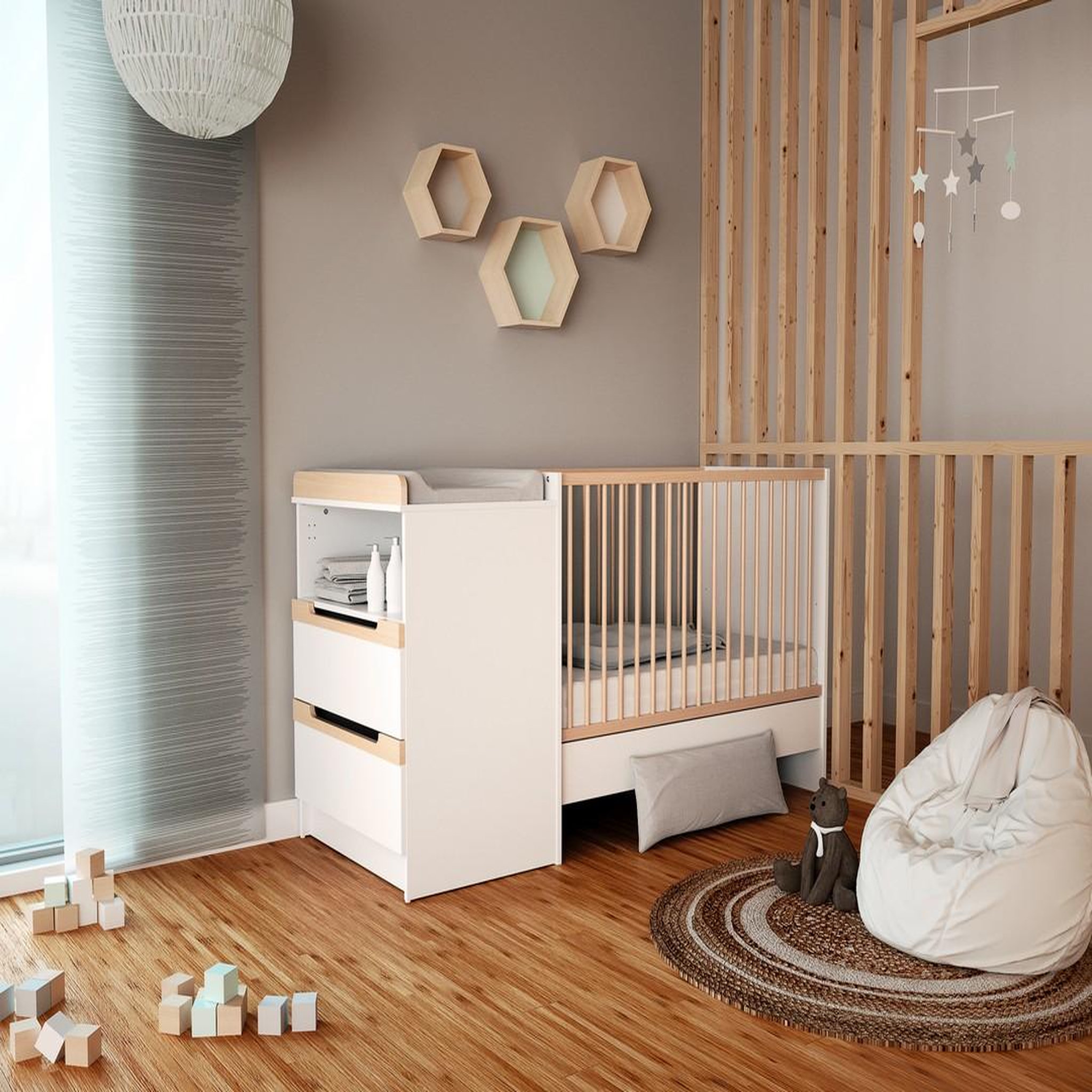 Voir la diapositive 2 : JURABABY Jurababy - combiné lit bébé évolutif en bois carrousel blanc et hêtre verni 60 x 120 cm