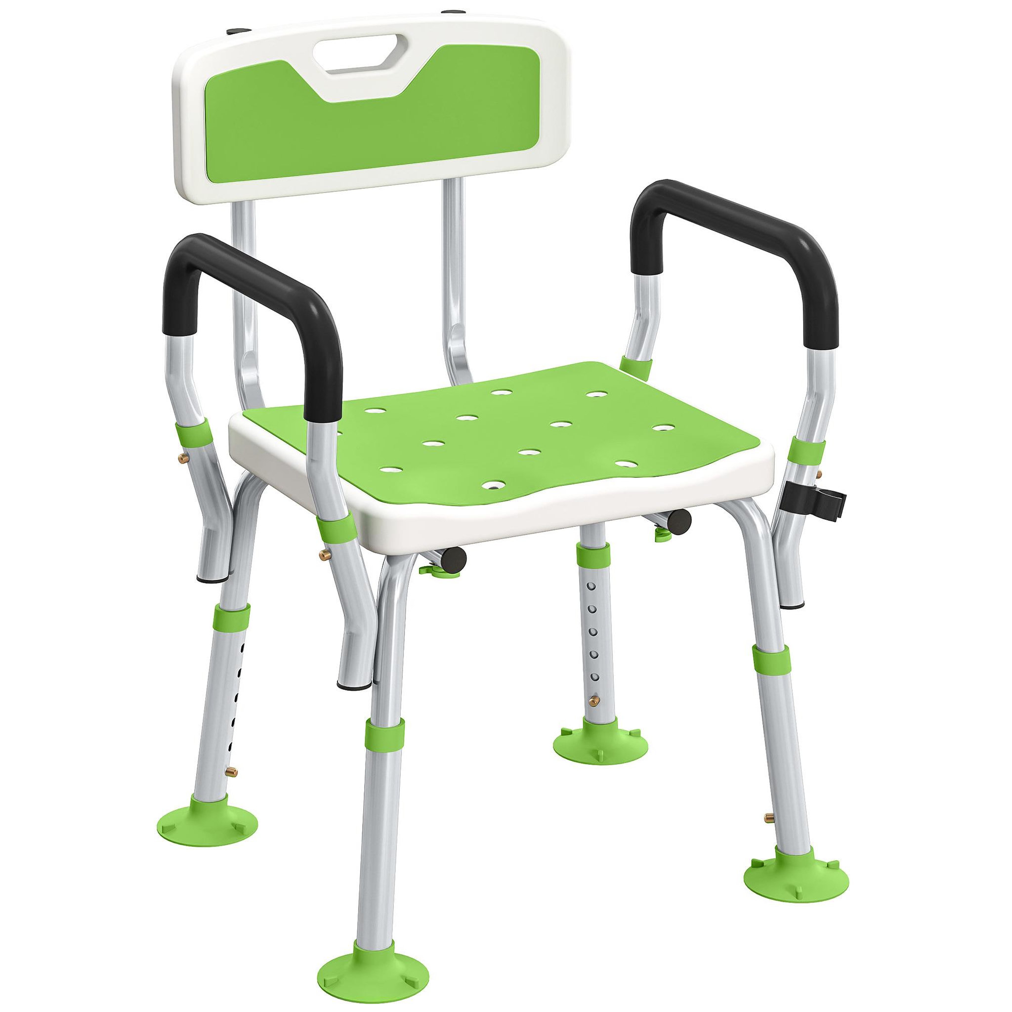 Voir la diapositive 5 : HOMCOM Chaise de douche siège de douche ergonomique hauteur réglable pieds antidérapants charge max. 136 kg alu hdpe blanc vert