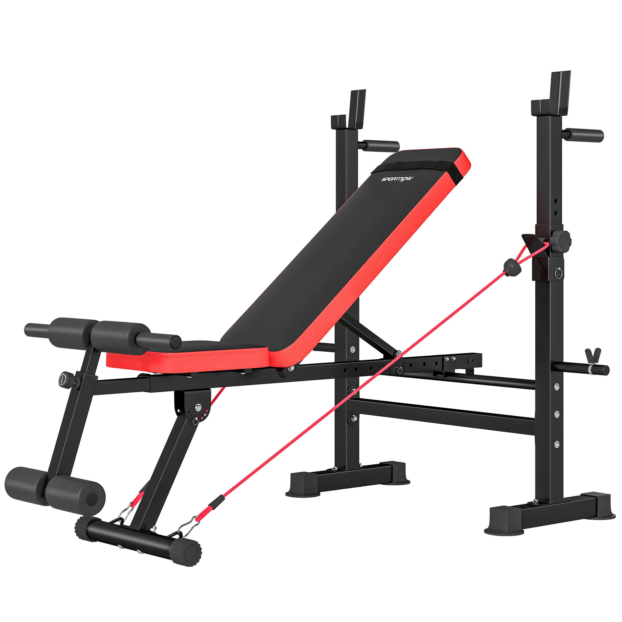 Voir la diapositive 5 : HOMCOM Banc de musculation réglable - support de barre, poignées à dips, bandes de résistance - rouge noir