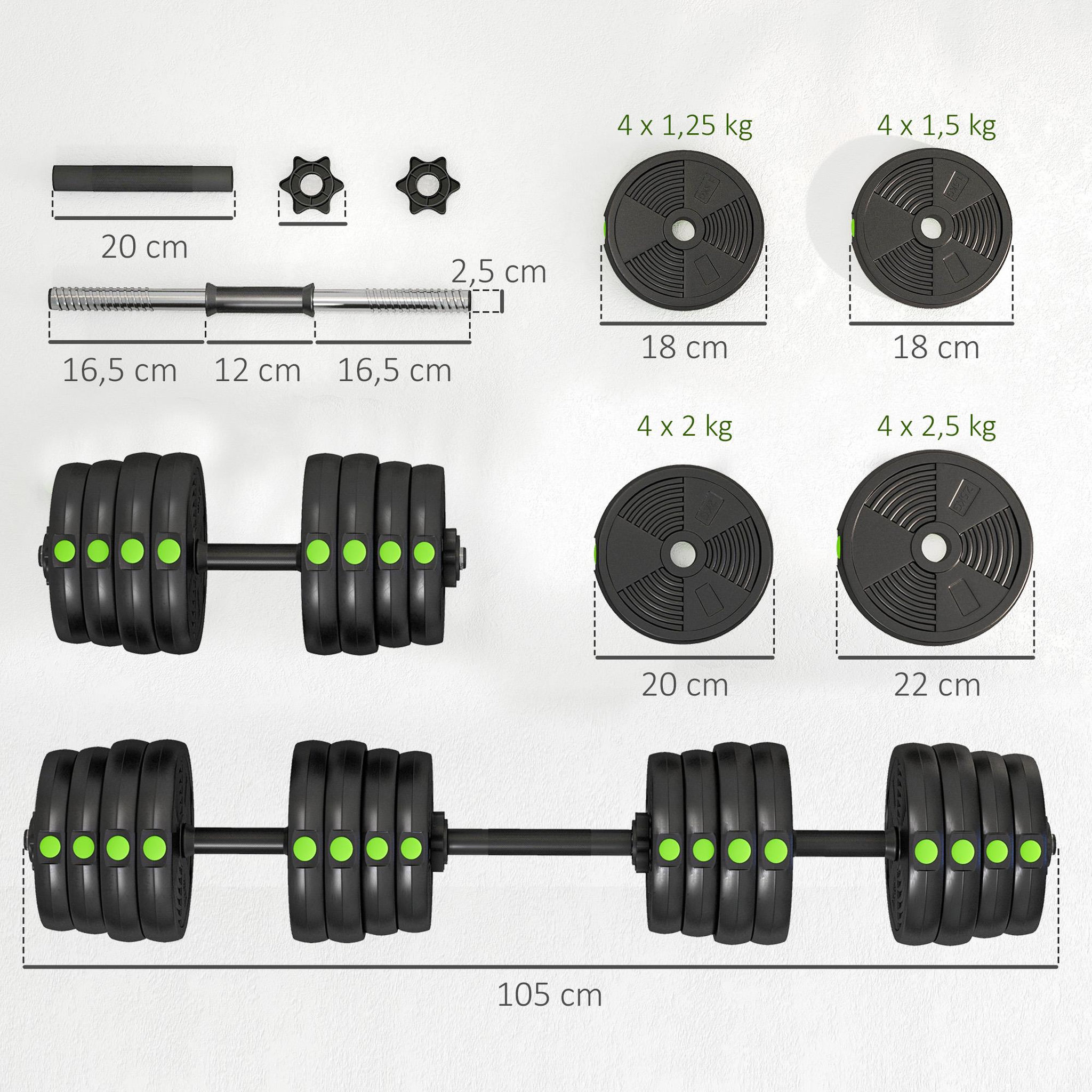 Voir la diapositive 3 : HOMCOM Haltères 2 en 1 réglables - haltères libres 30 kg - barres incluses - entraînement musculaire & haltérophilie - noir vert