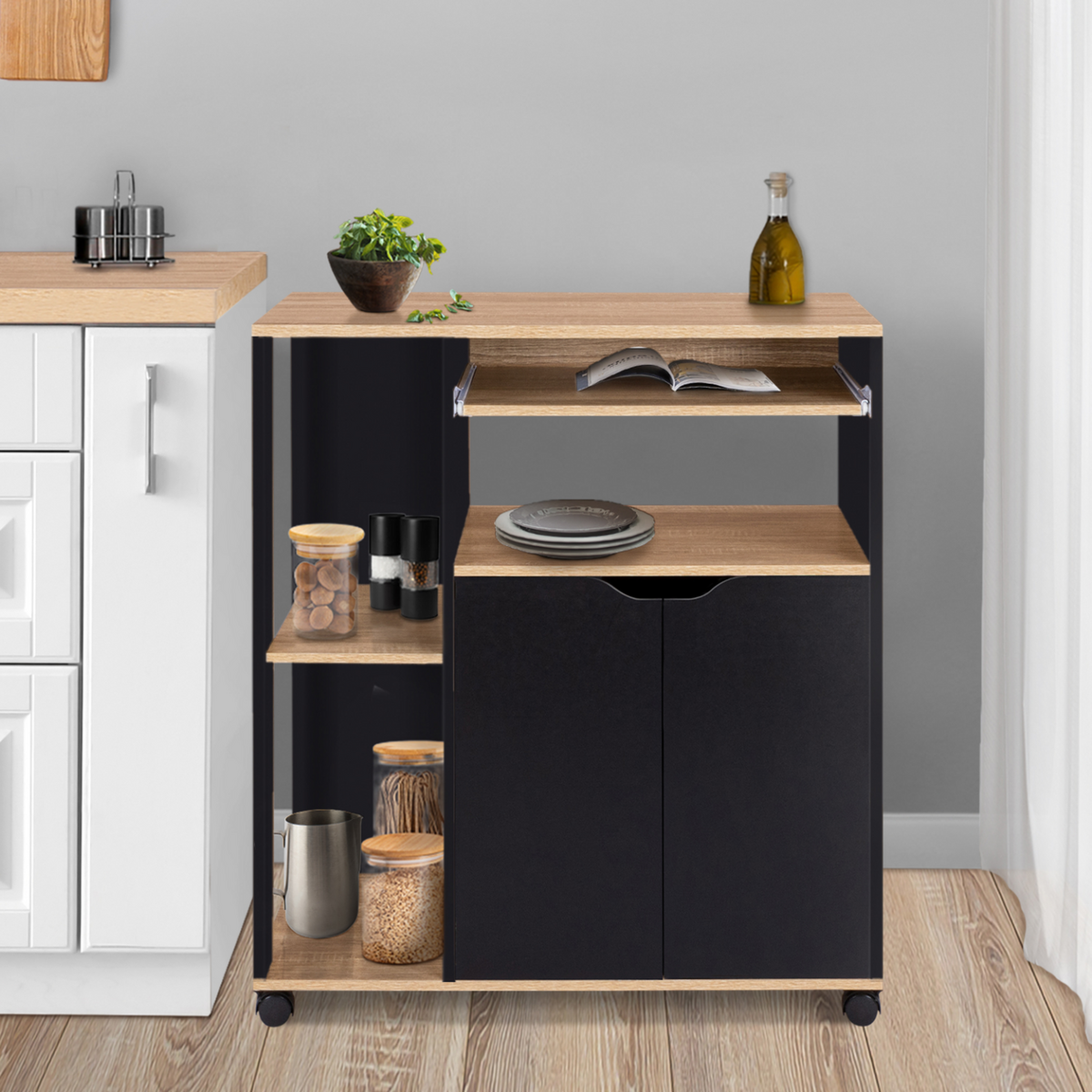 ID MARKET Desserte de cuisine COSI bois noir et plateaux façon hêtre L.76 CM