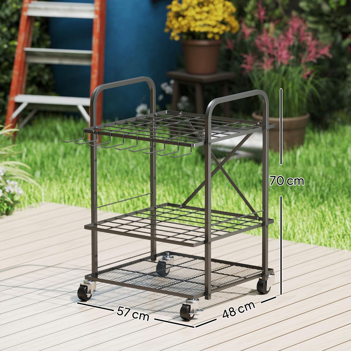 OUTSUNNY Organisateur d'outils de jardin - chariot de jardin - desserte - 9 crochets, 20 compartiments - métal noir