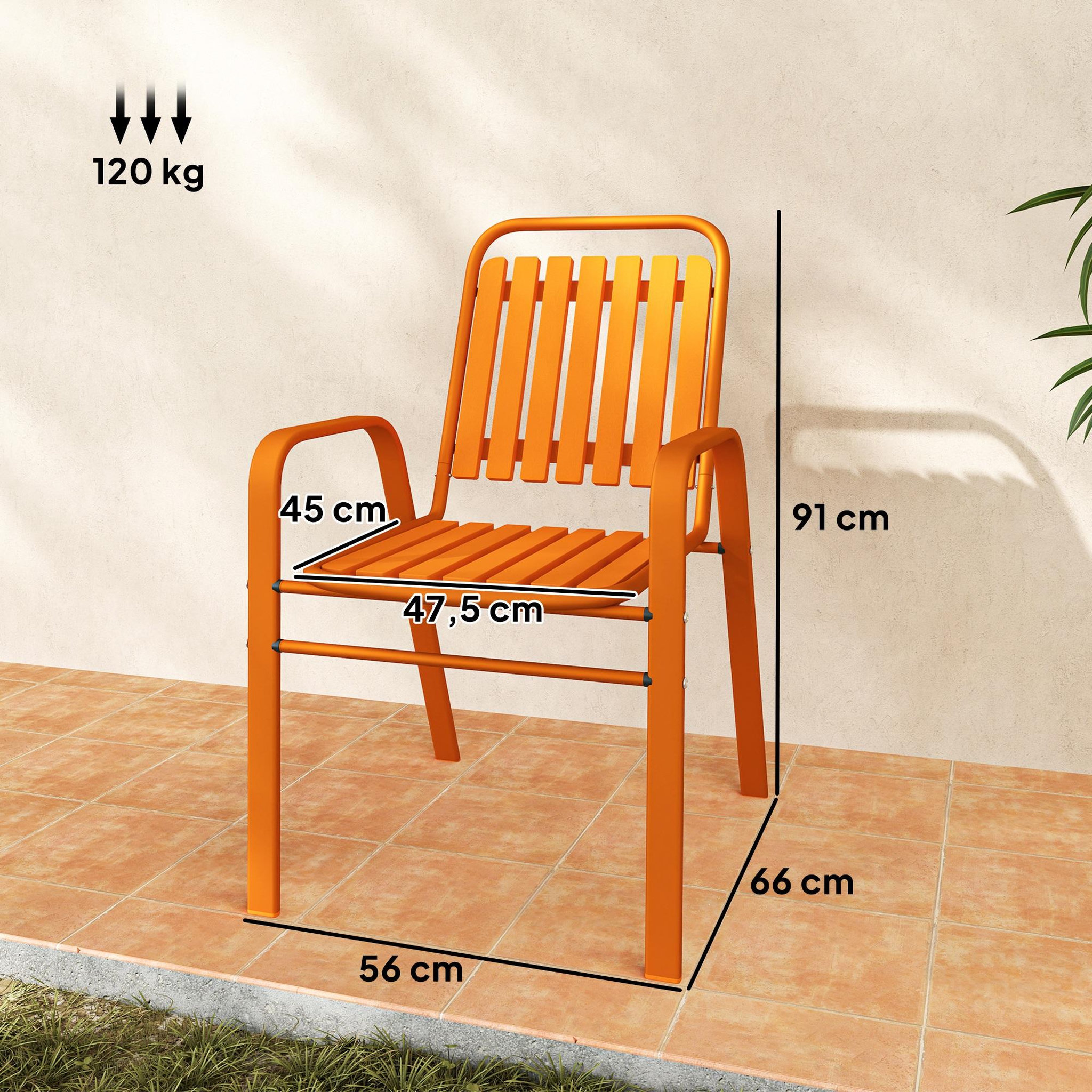Voir la diapositive 3 : OUTSUNNY Lot de 4 chaises de jardin empilables design néo-rétro avec hauts dossiers accoudoirs acier époxy orange