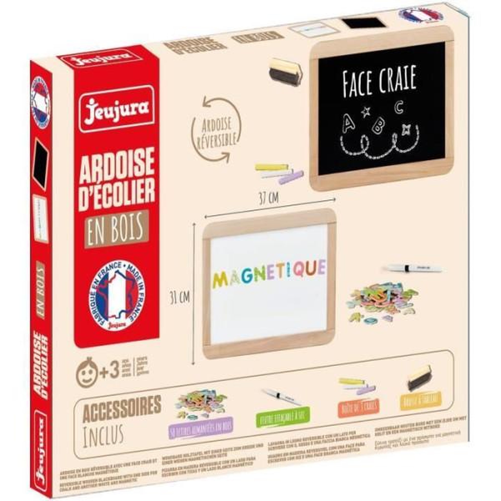 Voir la diapositive 3 : JeuJura Ardoise d'écolier en bois - JEUJURA - Double face magnétique : craie et feutre effaçable