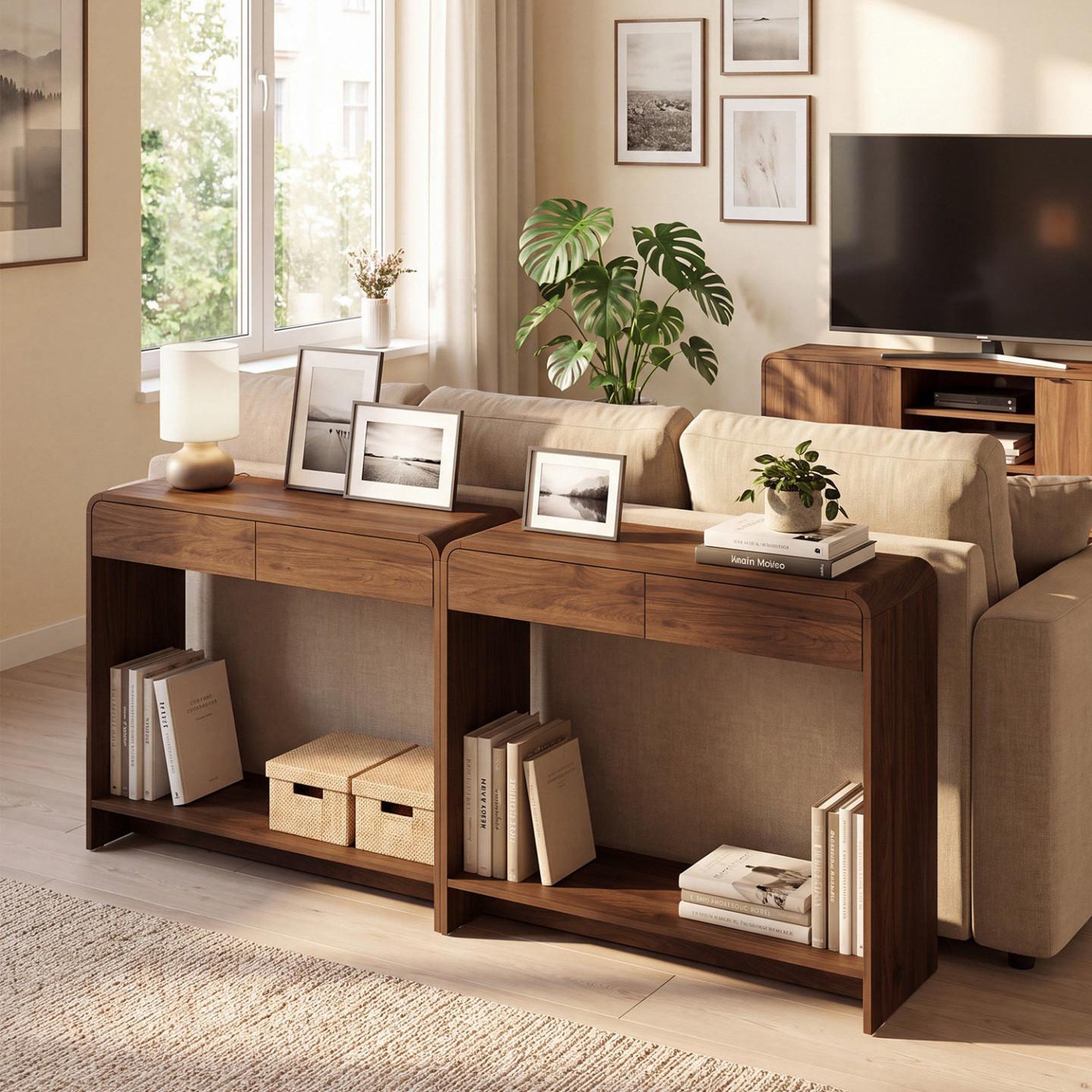 Voir la diapositive 6 : ID MARKET Console 2 tiroirs CAPUCINE effet noyer design arrondi
