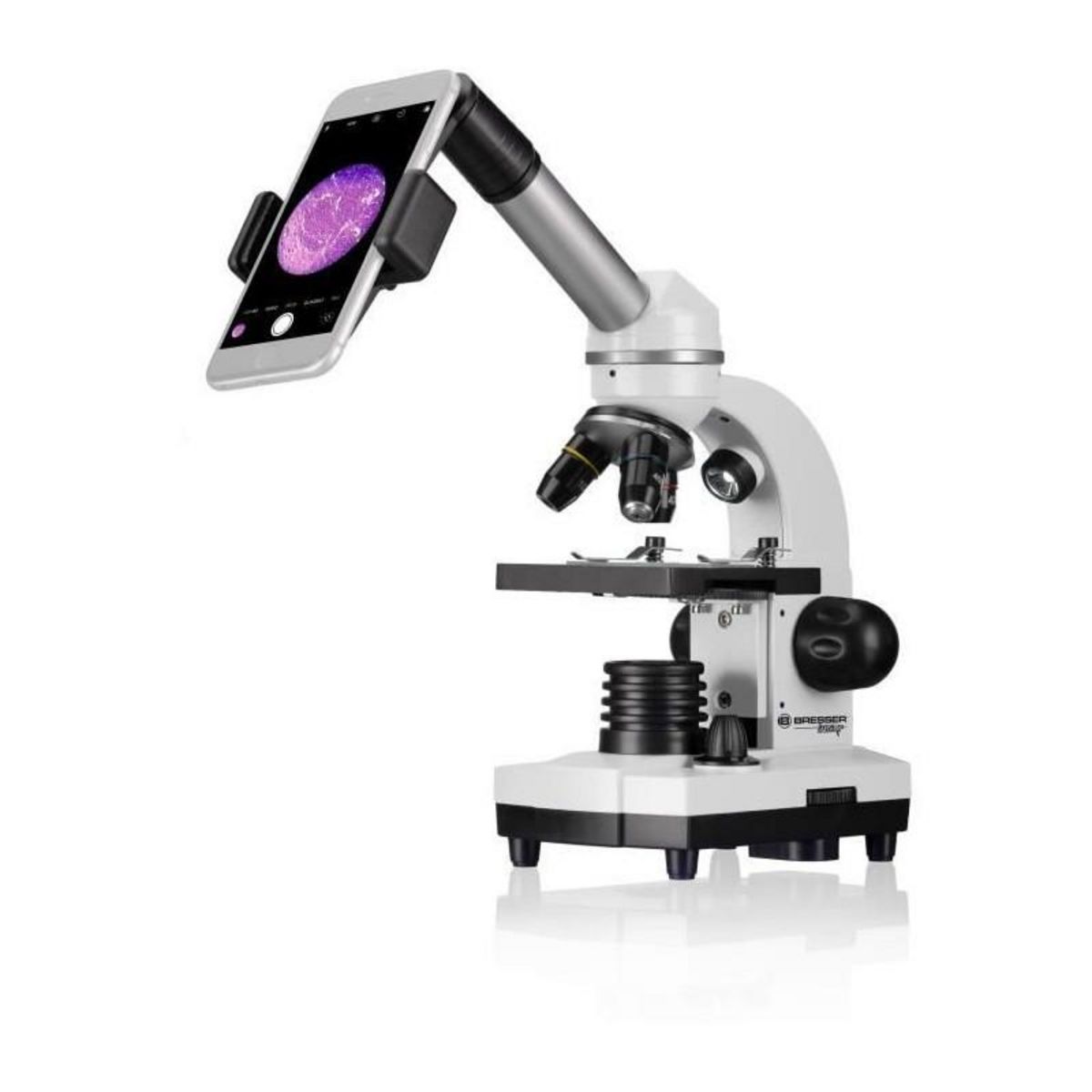 Bresser Microscope Biolux SEL avec systeme de zoom - BRESSER JUNIOR - grossissement 40x-1600x - support smartphone - coffret rigide blan