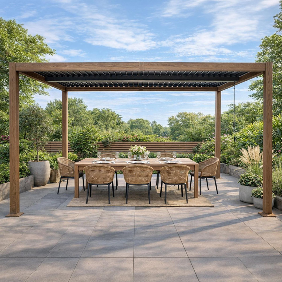 CONCEPT USINE Pergola bioclimatique structure et lames orientables en aluminium effet bois 4x3m RHODES