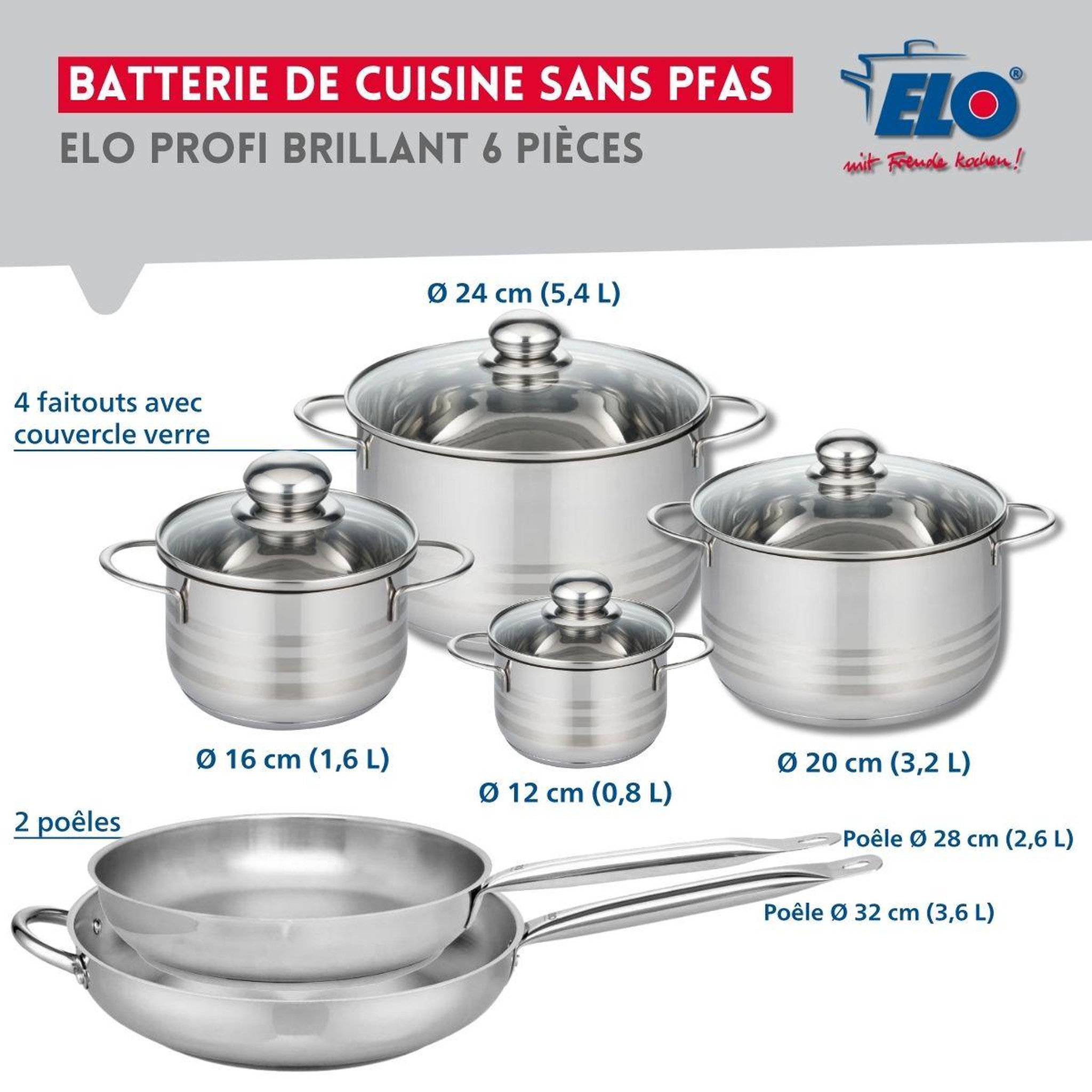Voir la diapositive 2 : ELO Ensemble de 2 poêles de cuisson 28 et 32 cm et 4 faitouts 12, 16, 20 et 24 cm elo profi brillant