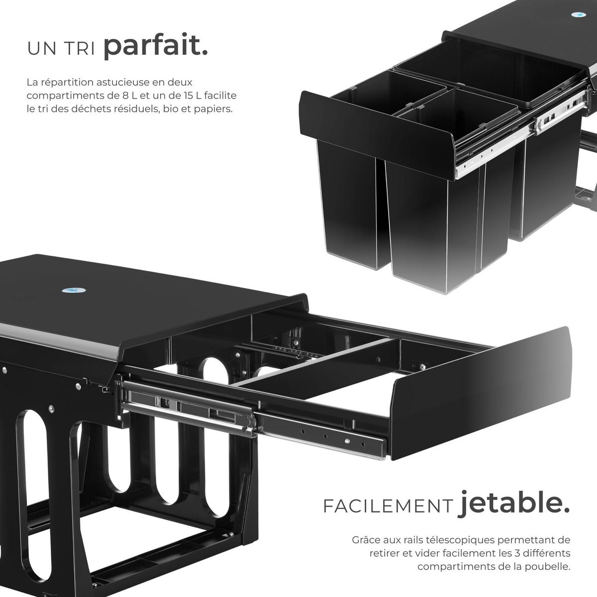 tectake Poubelle de tri 3 compartiments 2x8 L et 1x15 L noir